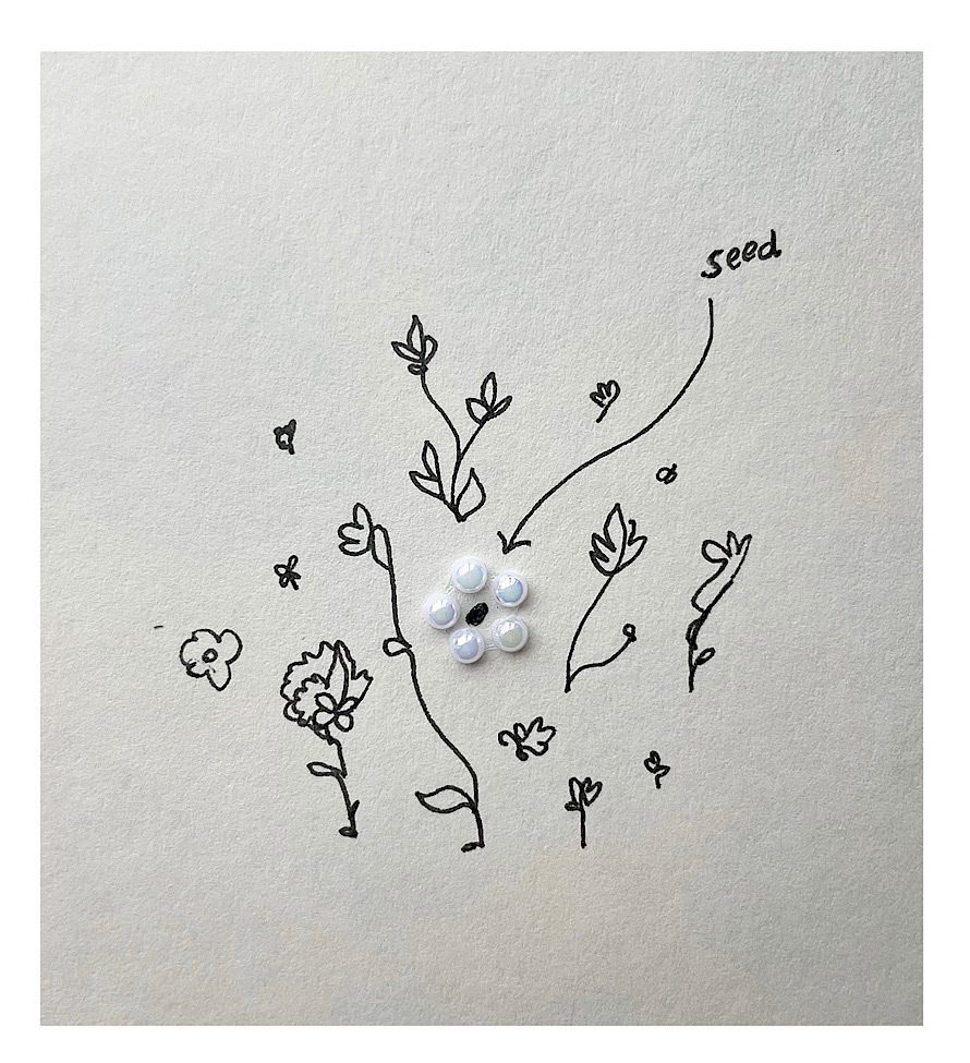 A drawing with a seed and flowers and a sticker