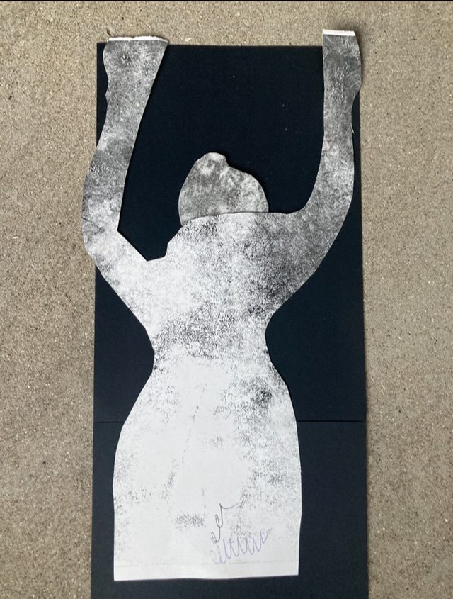 Monoprinted paper cut out of woman