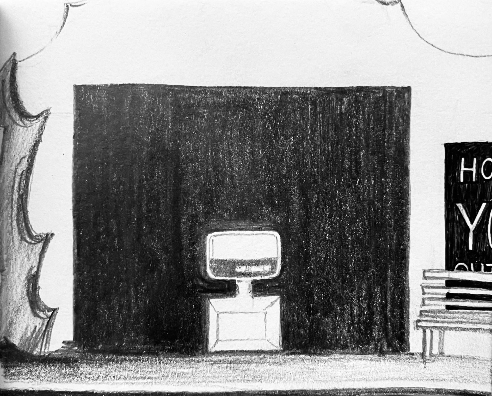Pencil drawing of a dark stage with tv set in the centre and bench on the right obstructing a sign that reads how are you? Out of 10?