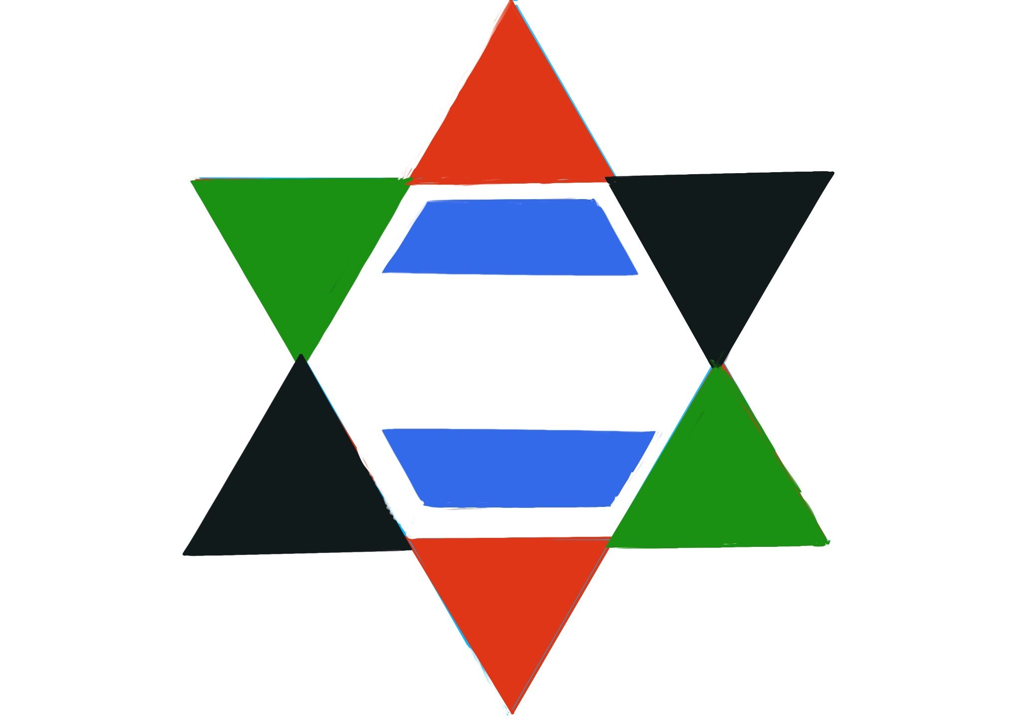 A flag combining elements of Israeli and Palestinian flag. From the river to the sea.