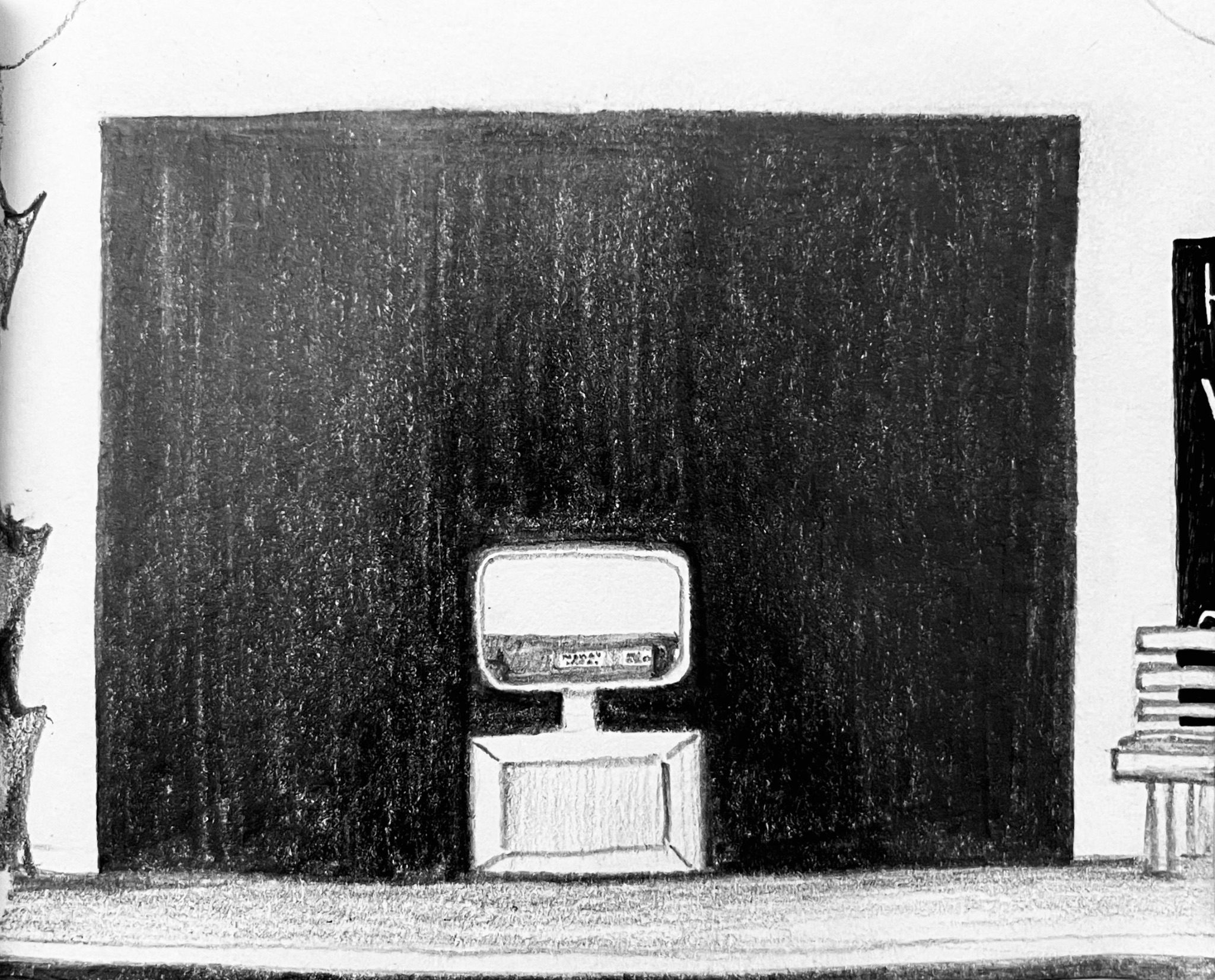 Pencil drawing of a dark stage with tv set in the centre and bench on the right obstructing a sign that reads how are you? Out of 10?