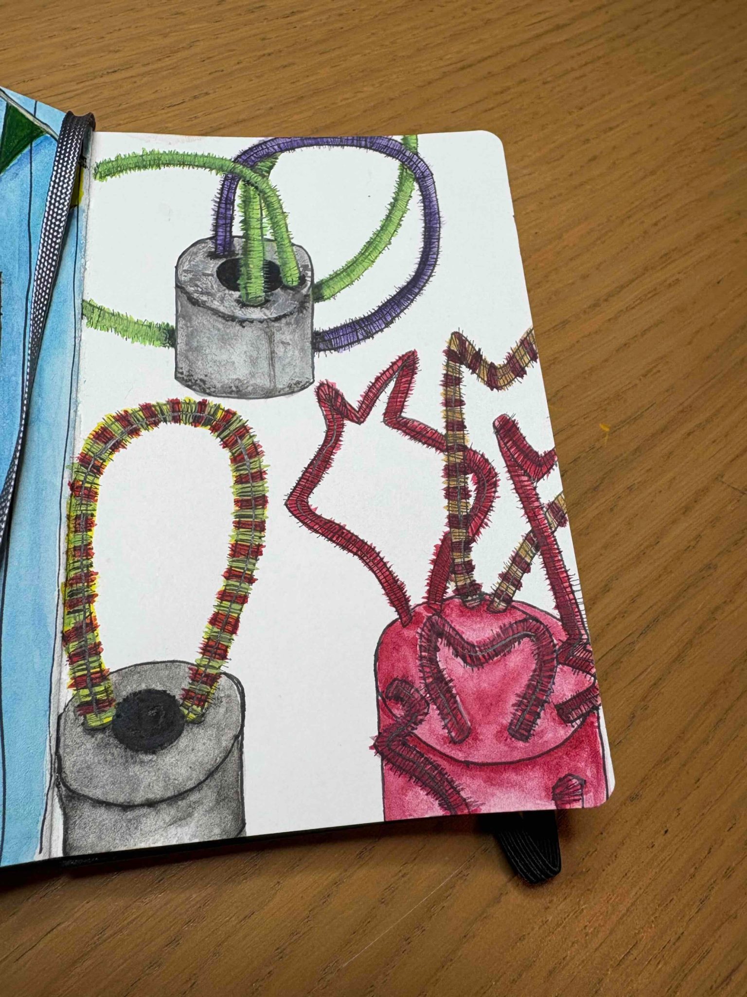 Watercolour sketch of multi coloured pipe cleaners and pool noodles
