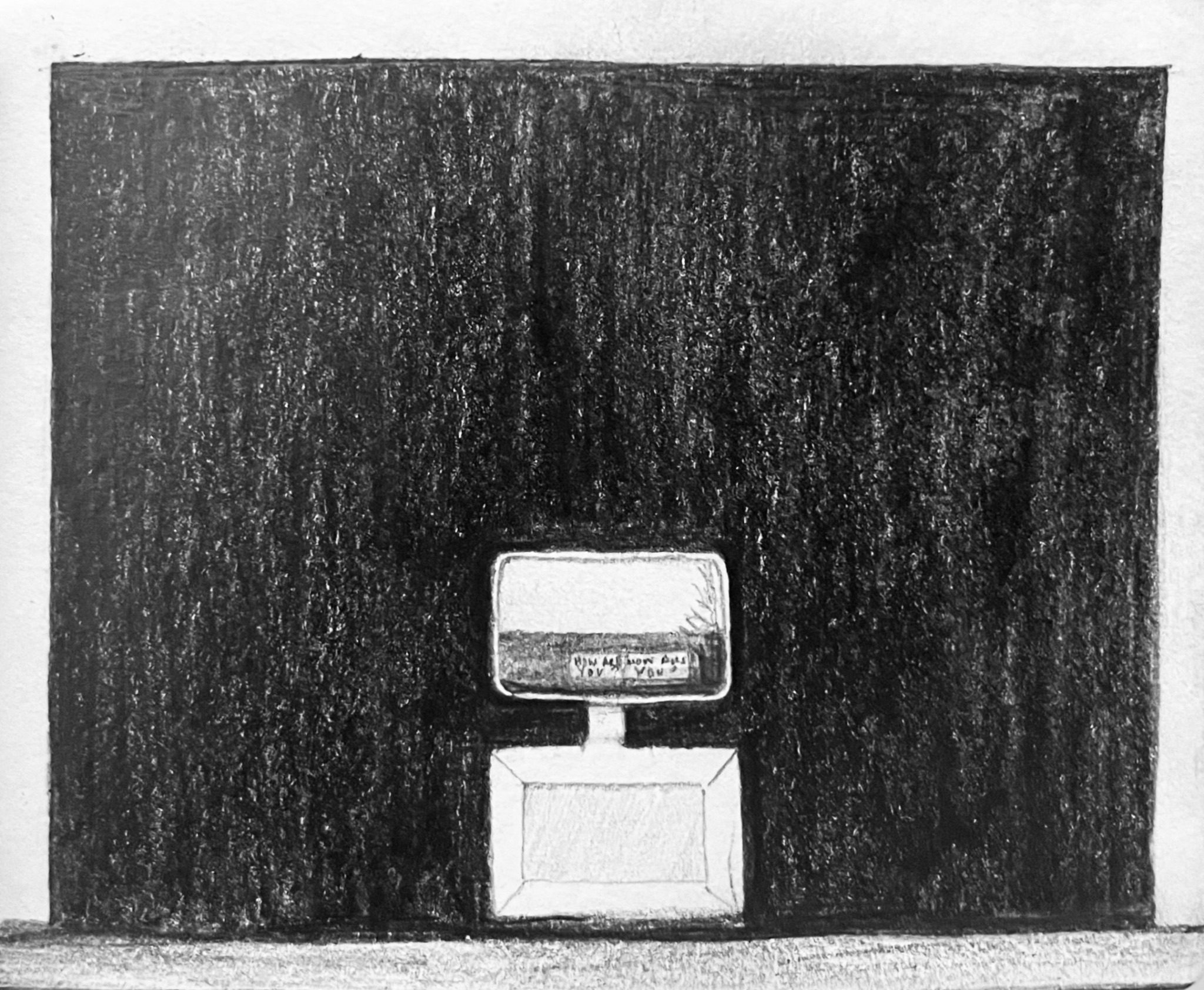 Pencil drawing of a dark stage with tv set in the centre