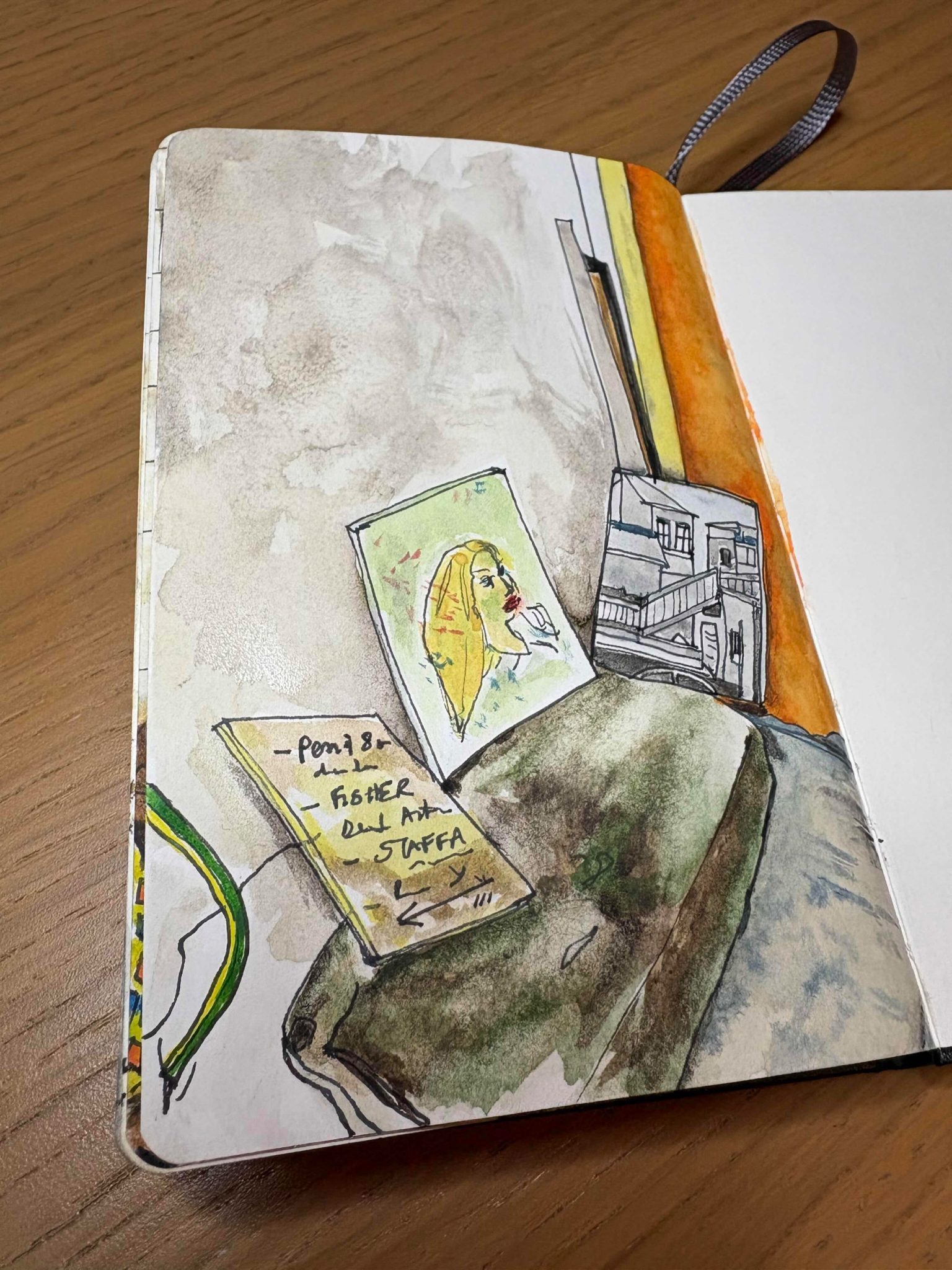 Watercolour of three pictures in a corner on a step