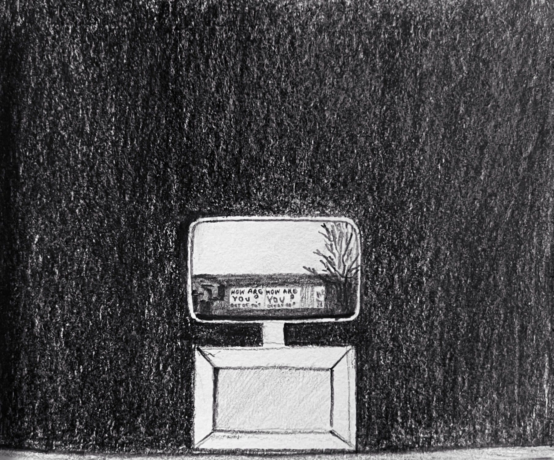 Pencil drawing of a dark stage with tv set in the centre and the tv showing a wall with a sign that reads how are you? Out of 10?