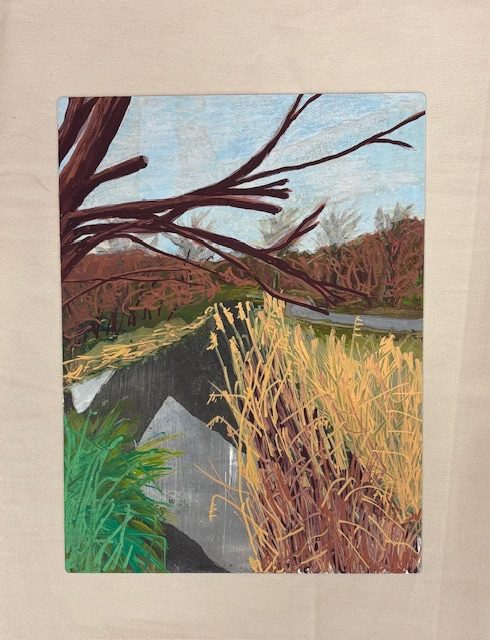 Acrylic on the reverse of an old etching plate (with aquatint)