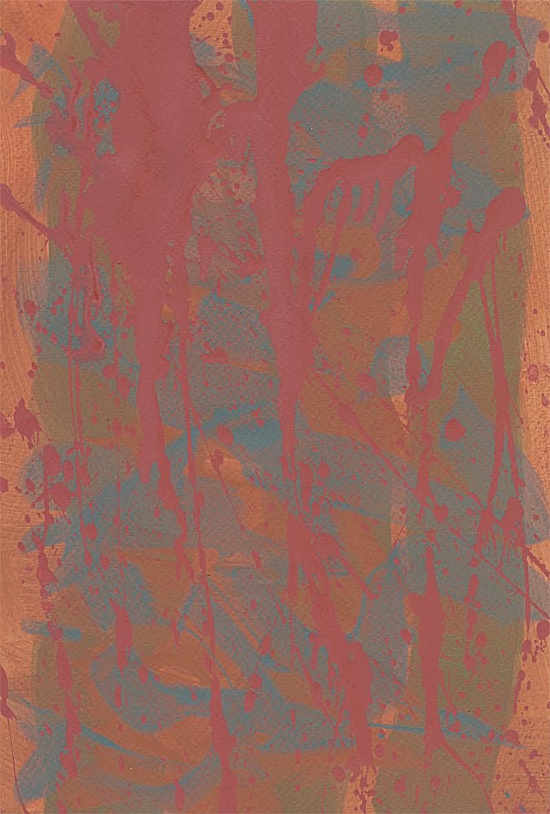 Abstract marks on paper, size 30cm Height x 20cm Width. Painted in various dark tones in blue, orange and red over which a liquid darker red has been dripped down the page.