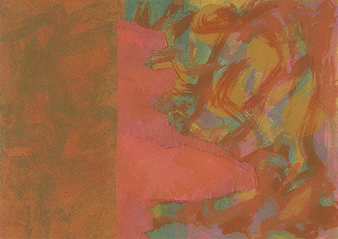 Abstract painting with collage 10cm Height x 20cm Width. Brush strokes in ochre, blue, green, pink, overlaid with an orange tinge column of 11.5 cm on the left side. Torn orange and red collaged raggedy paper from edge of column that stretches across rest of work.