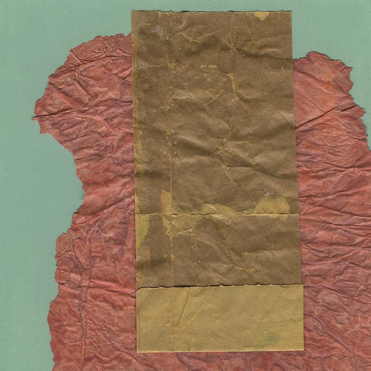 Turquoise acrylic painted Mount board square, 12.5 cm with a red textured torn collage covering three quarters of the board.  It covers up to the bottom and right hand edge but does not reach the top or left hand edges.  On top of this is a beige, lemony column with turned up bottom to 1 cm.  The column if off Centre and does not quite reach the top or bottom of the square.  It is only glued down half way.