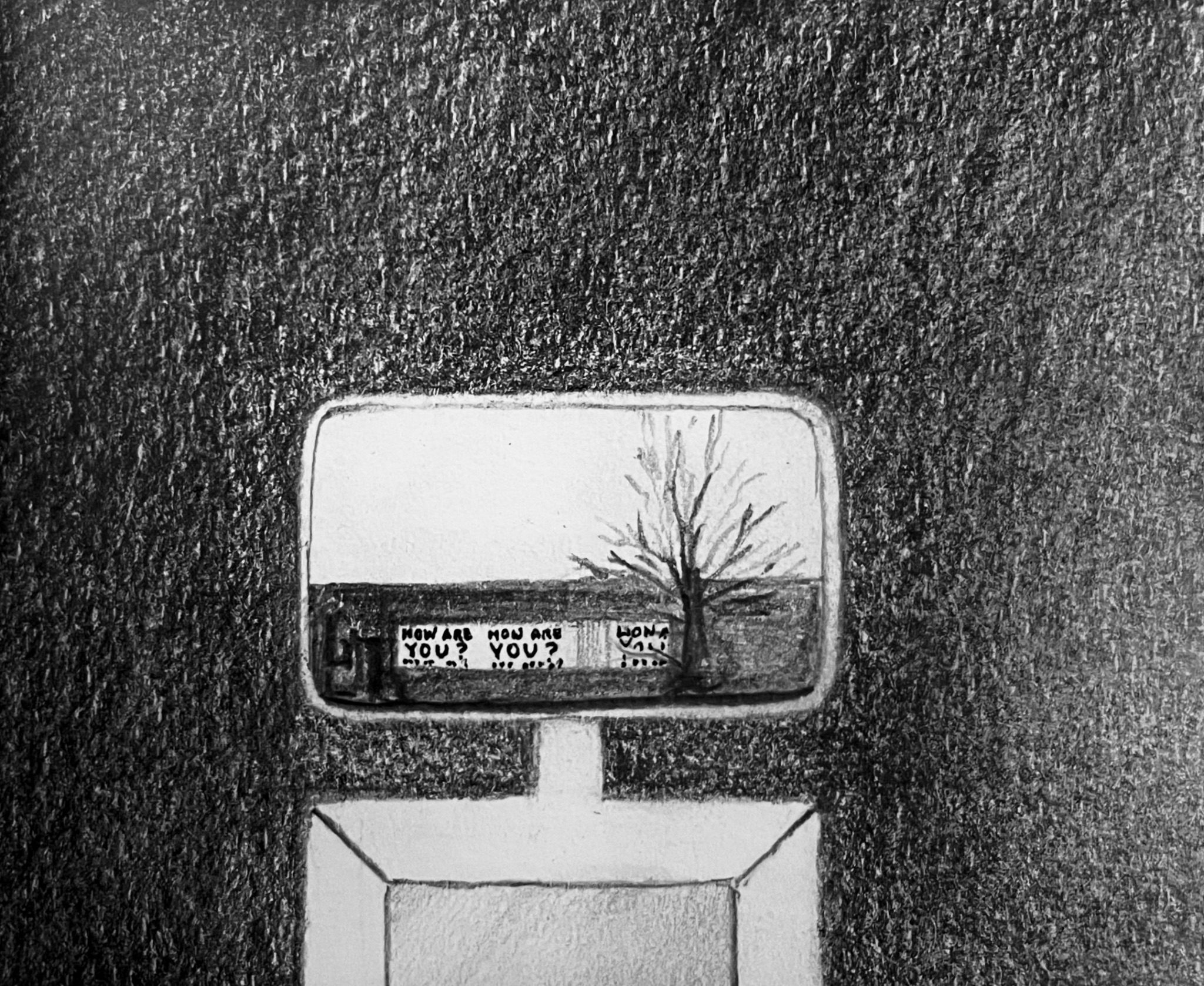 Pencil drawing of a dark stage with tv set in the centre and the tv showing a wall with a sign that reads how are you? Out of 10?