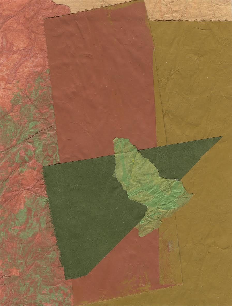 Acrylic painted collage, size  20 by 15 cm.  Basically it comprised three columns with a triangle of green and small torn pale green piece on top.  First column is a torn textured rust colour with a green pattern.  Second column over lapping is a solid rust colour and third column is solid ochre