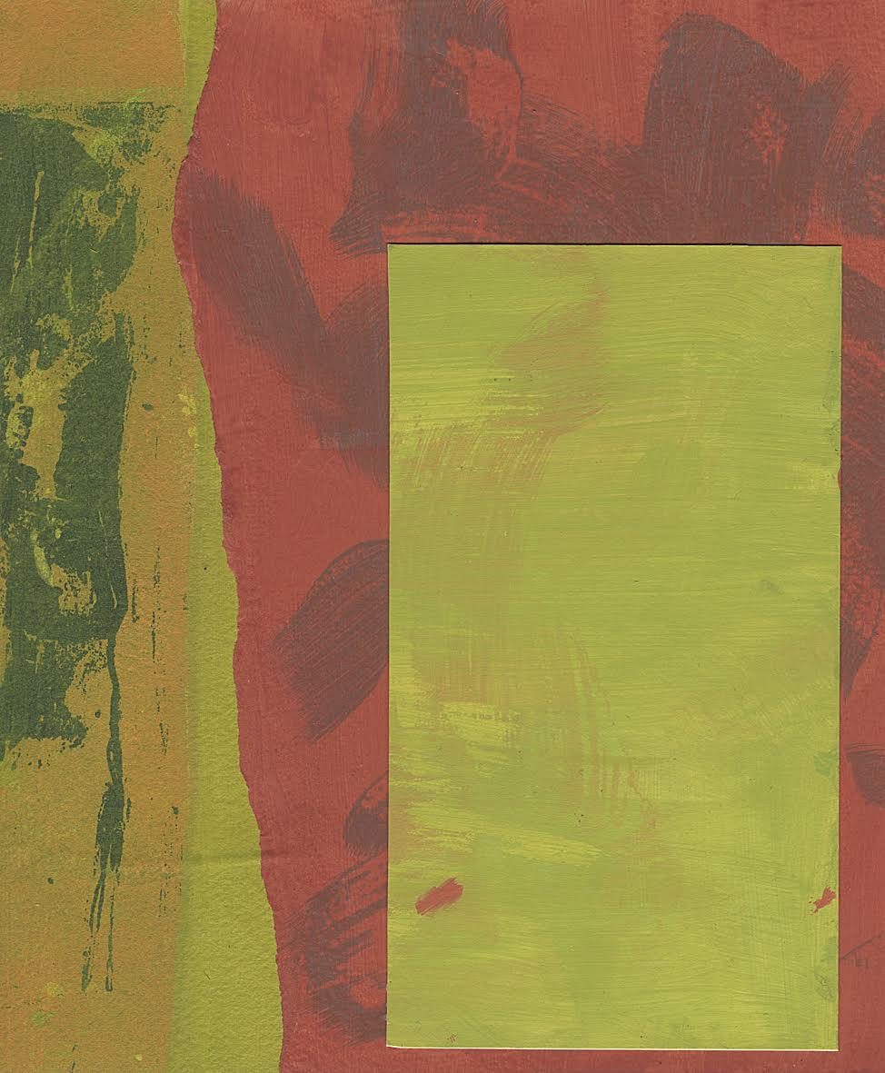 Acrylic painted collage, 21 cm Height by 17 cm Width. Three collaged pieces.  The left hand one is torn.  It is 4 cm wide at the top, expanding to 5.5 cm at the bottom and is ochre, dark green and mustard coloured.  The piece joined to this has a torn edge where it meets but is flush with the other three edges  It is mid to dark red with darker brush marks.  On top of this piece and 5 cm down from the top edge is a cut column. It is 15.5 cm Height by 8.5 cm Width.  It is 1 cm in from the right edge and 5 mm up from the bottom.  It is mustard in colour with underlying brush marks of red and has a small red mark to the bottom left and right.