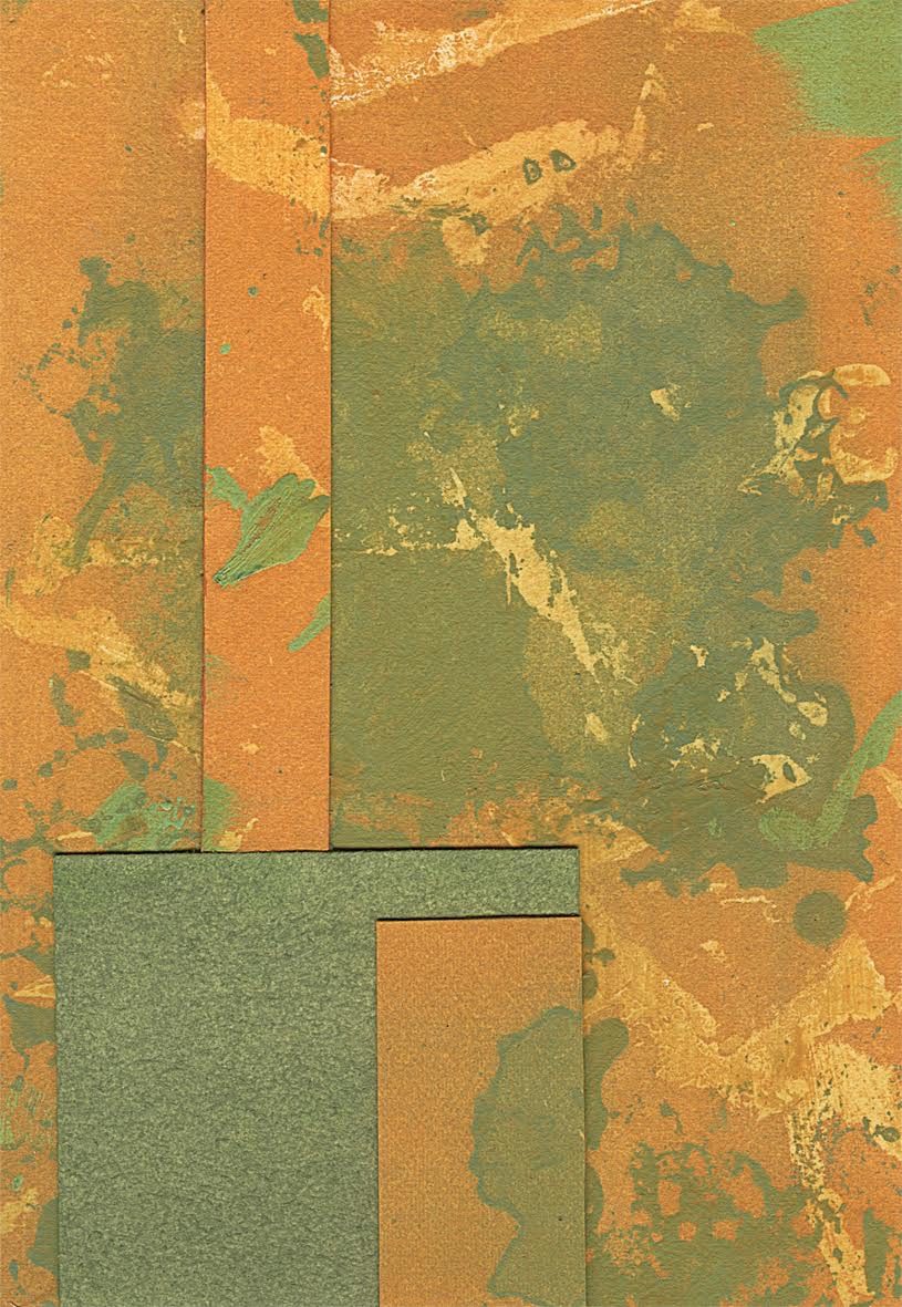 Acrylic painted paper on wooden board.  Size 16 cm Height - 11 cm Width.  Primarily ochre and green splashy type background with a 10 cm long by 1 cm wide strip of similar but slightly darker 2.5 cm in from the left.  Underneath this,  just in from the left is a cut green oblong, 6cm wide going to the bottom edge.  On top of this, and going to the far right of the oblong is a 2cm wide by 5cm high cut strip from the background.