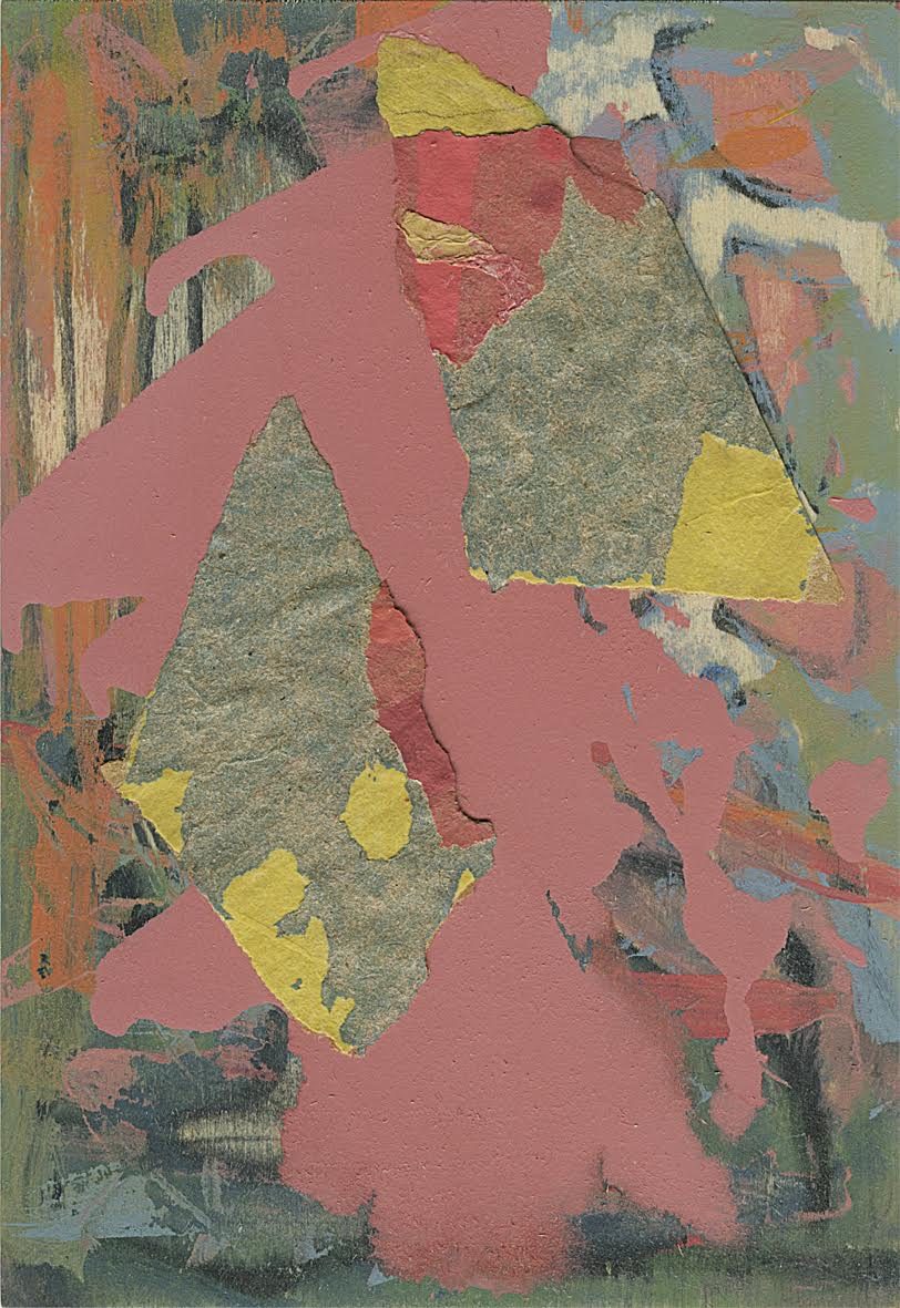 Acrylic painting with acrylic collage on wooden panel.  Size 16 cm x 11 cm.  Multi coloured painted panel with two torn collage pieces across the centre, ‘floating’ upwards.  They are grey with splashes of yellow and red.