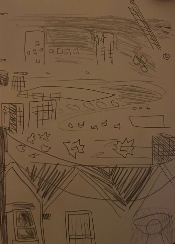 Pencil line sketch of an urban landscape