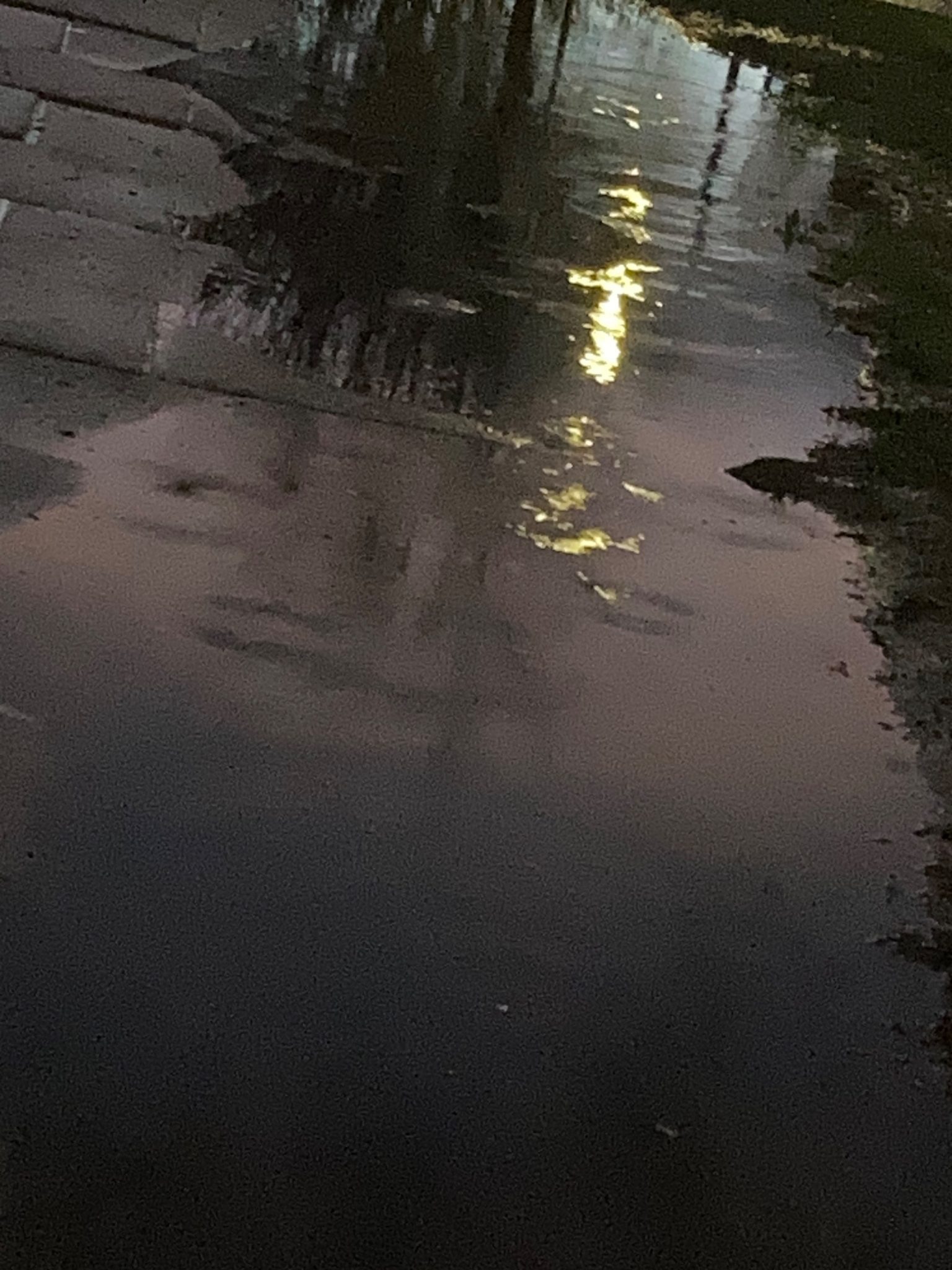 A puddle at night with lights reflected in it
