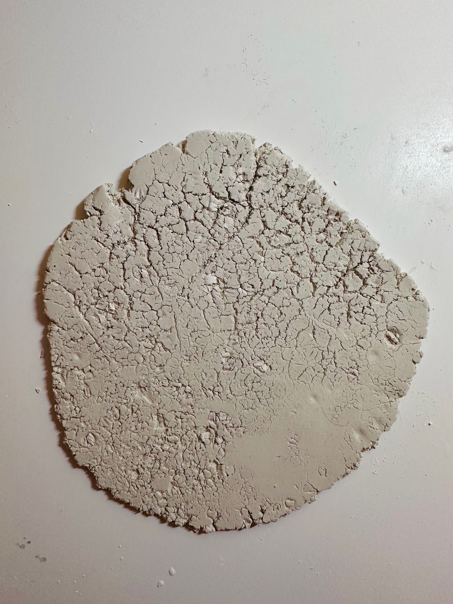 An aggregate of clay masses with varying degrees of hardness was stretched using a rolling pin, together with small dried clay fragments. Because the moisture content differed among the clay portions, cracks developed on the surface during the stretching process. The dried fragments gradually absorbed moisture from the surrounding clay, and their color slowly changed over time.