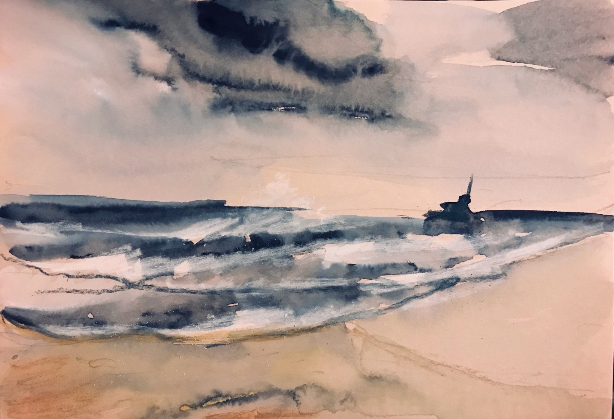 Splashes of Bluey grey watercolour on peachy colour paper of seaside in Margate