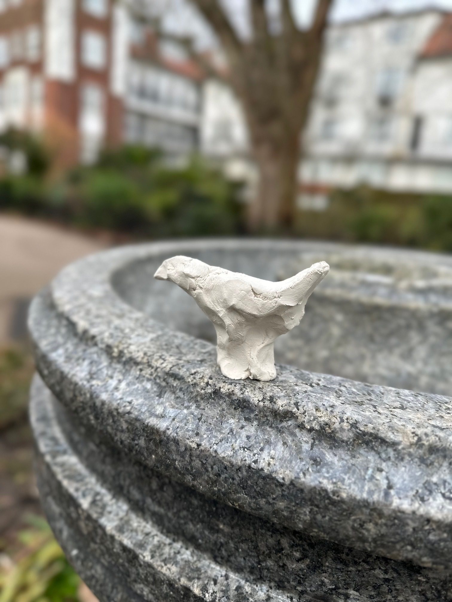 In the park I often visit, I noticed the sound of birds echoing through the space. When I looked up, I could only see branches and leaves. The bird must have been somewhere in the trees, but it was difficult to find. It might have been a parakeet, as the call was loud and distinct. That day, I tried several clay experiments in the park, but the results were not very successful. As I was leaving, I noticed a stone fountain that is usually ignored in everyday life. I placed a clay bird on its edge.