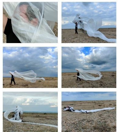 Series of photos of a man wrapped in plastic