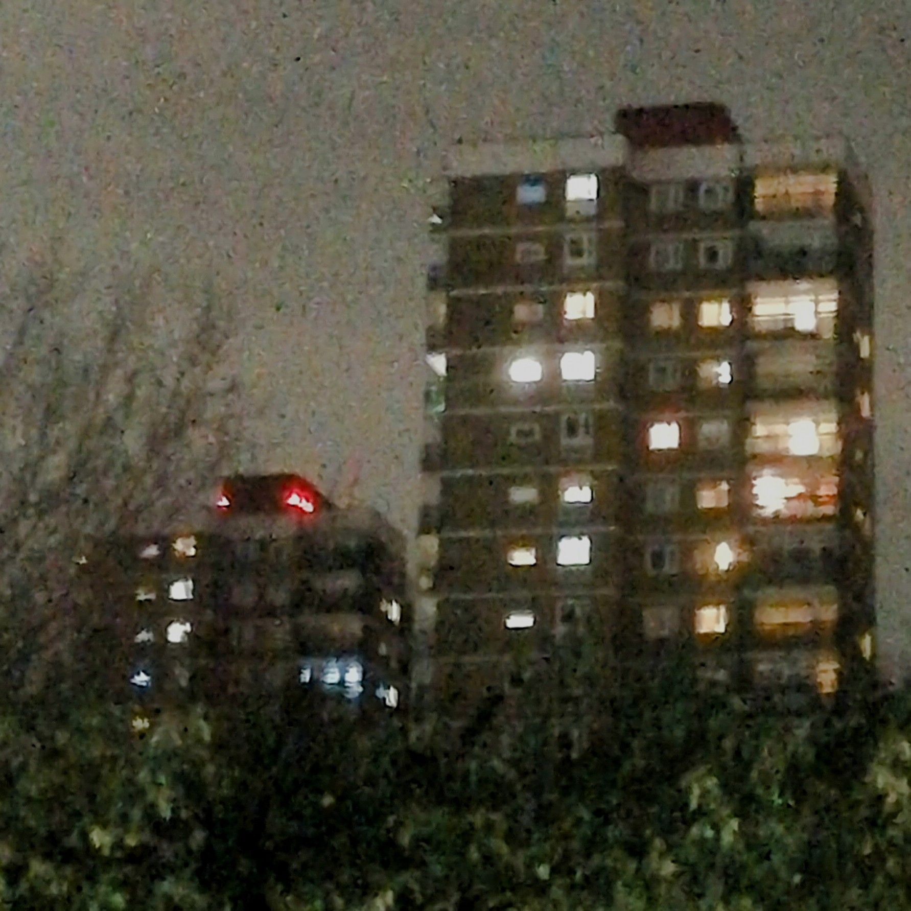 An image of two blocks of flats at night with lights across the blocks turned on at various intervals, trees in the forefront of the image, the image is grainy and heavily edited.