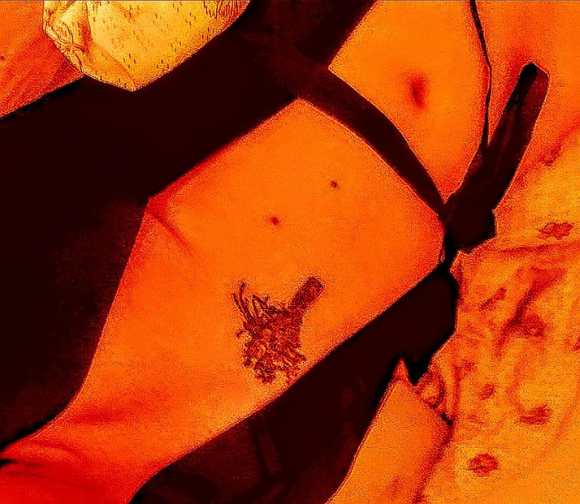 Image of a torso with a tattoo between the breasts and a black silk dressing gown on