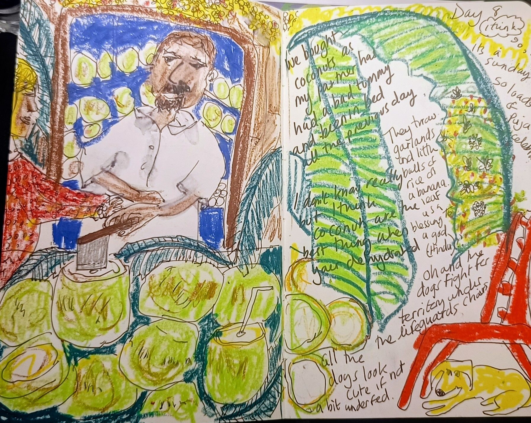 I'm travelling round India During February so I thought I would document events from my day that fit with the prompt. I had a dodgy tummy and the coconut has put me right. My drawing is of the coconut seller and other bits from my day in Varkala Southern India Kerala
