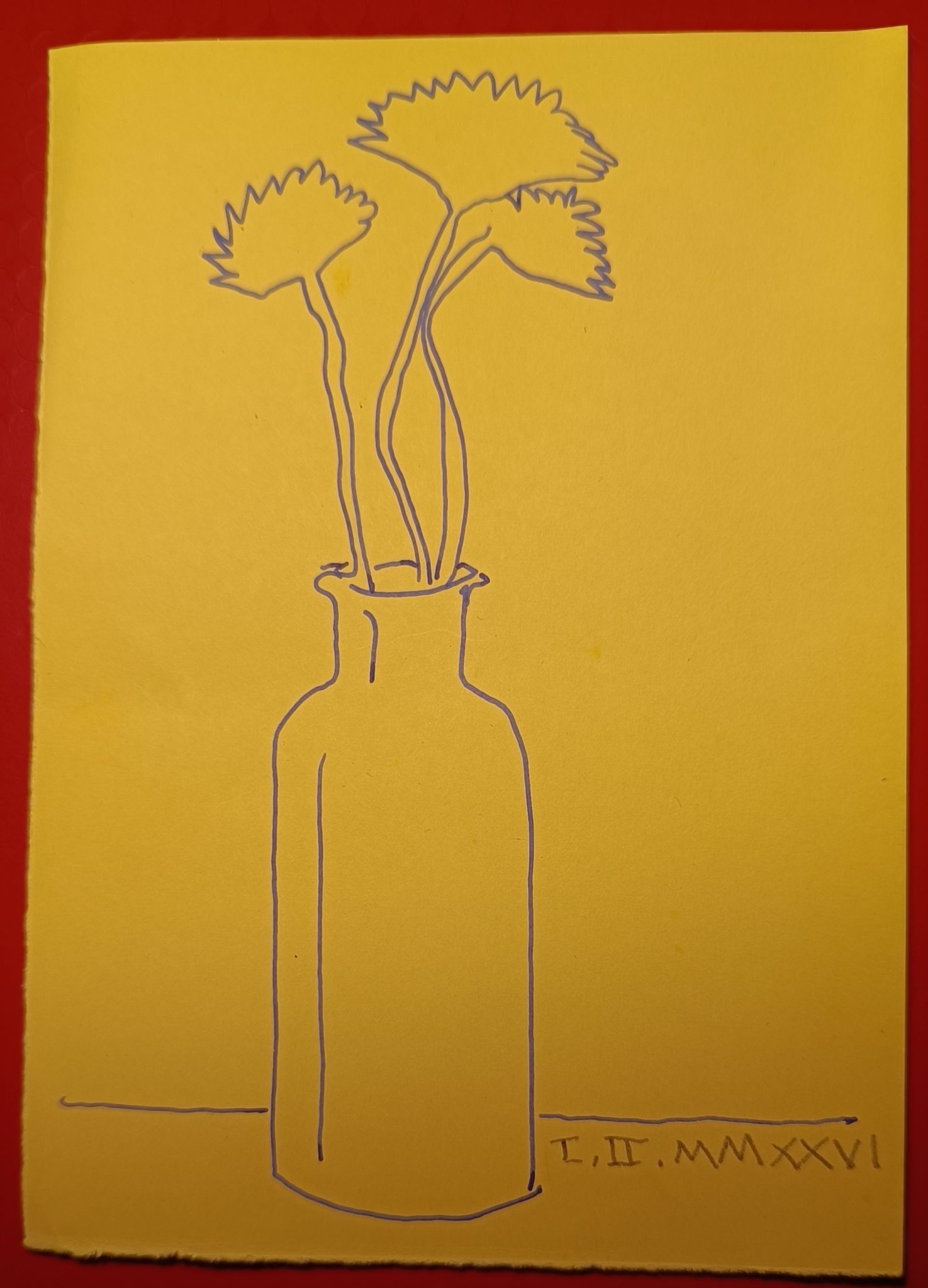 Ink drawing on yellow paper of a bottle with 3 flowers