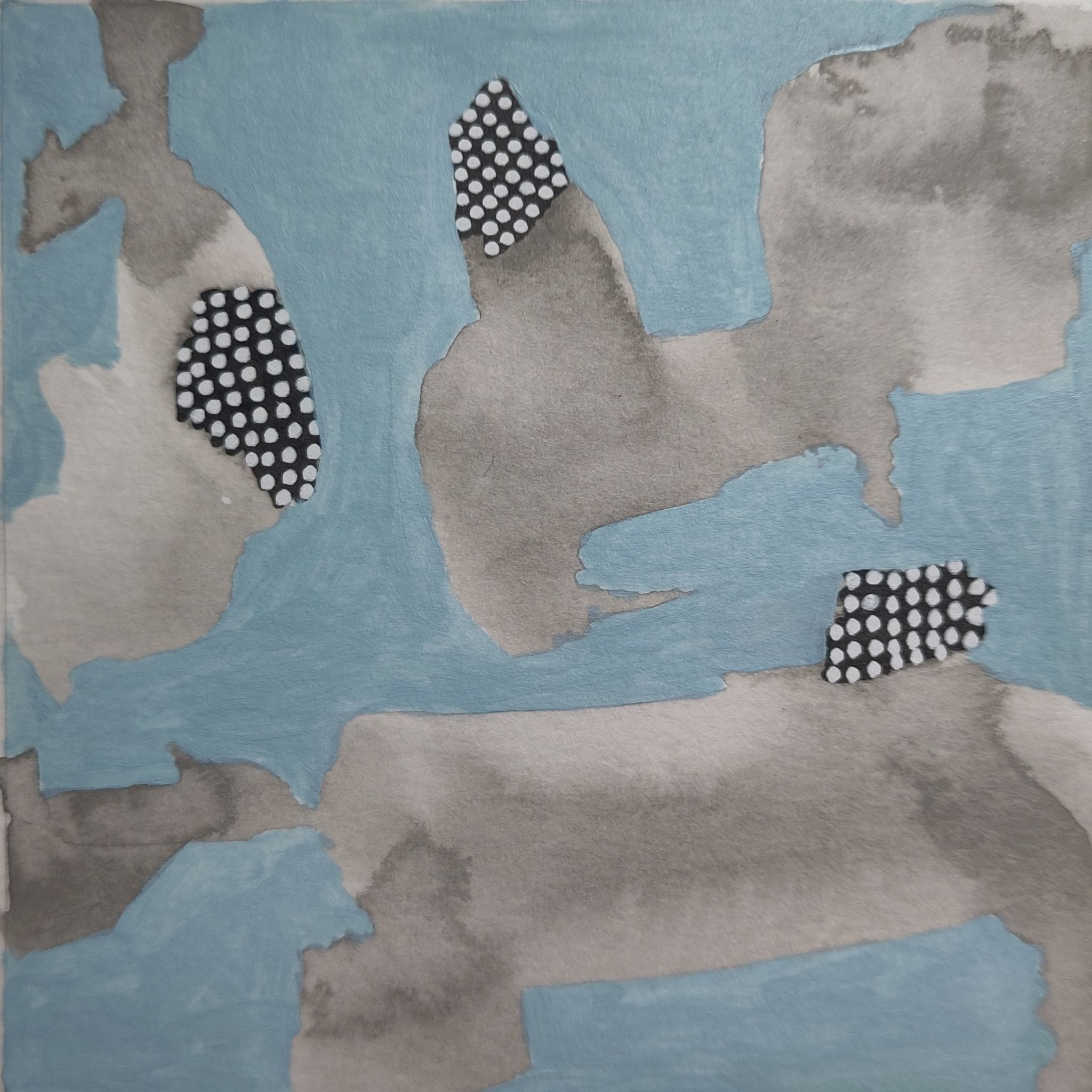 Abstract composition of ink washes, market dots and turquoise background