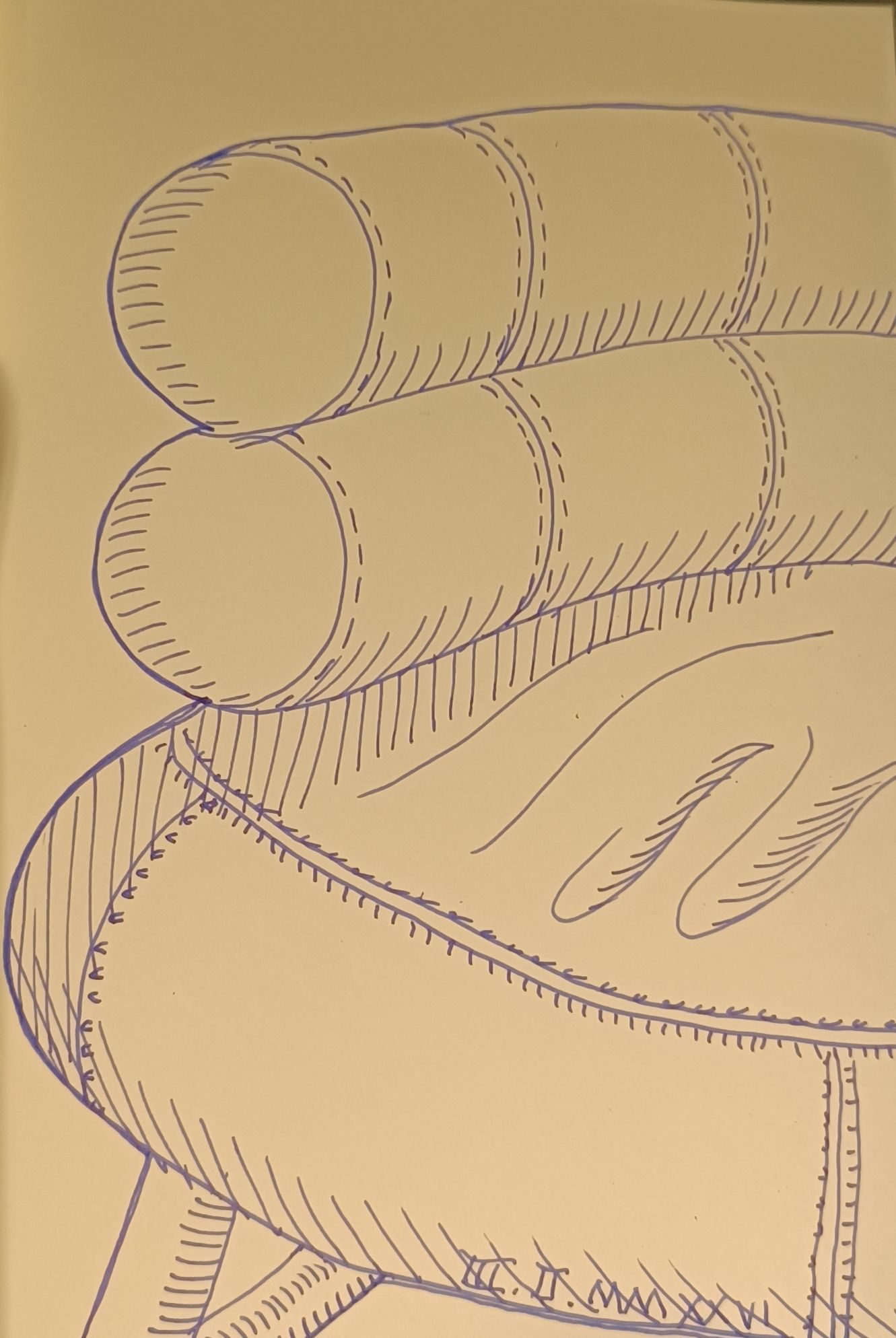 Blue ink drawing on cream paper of a '60's style leather armchair shaped with rounded forms