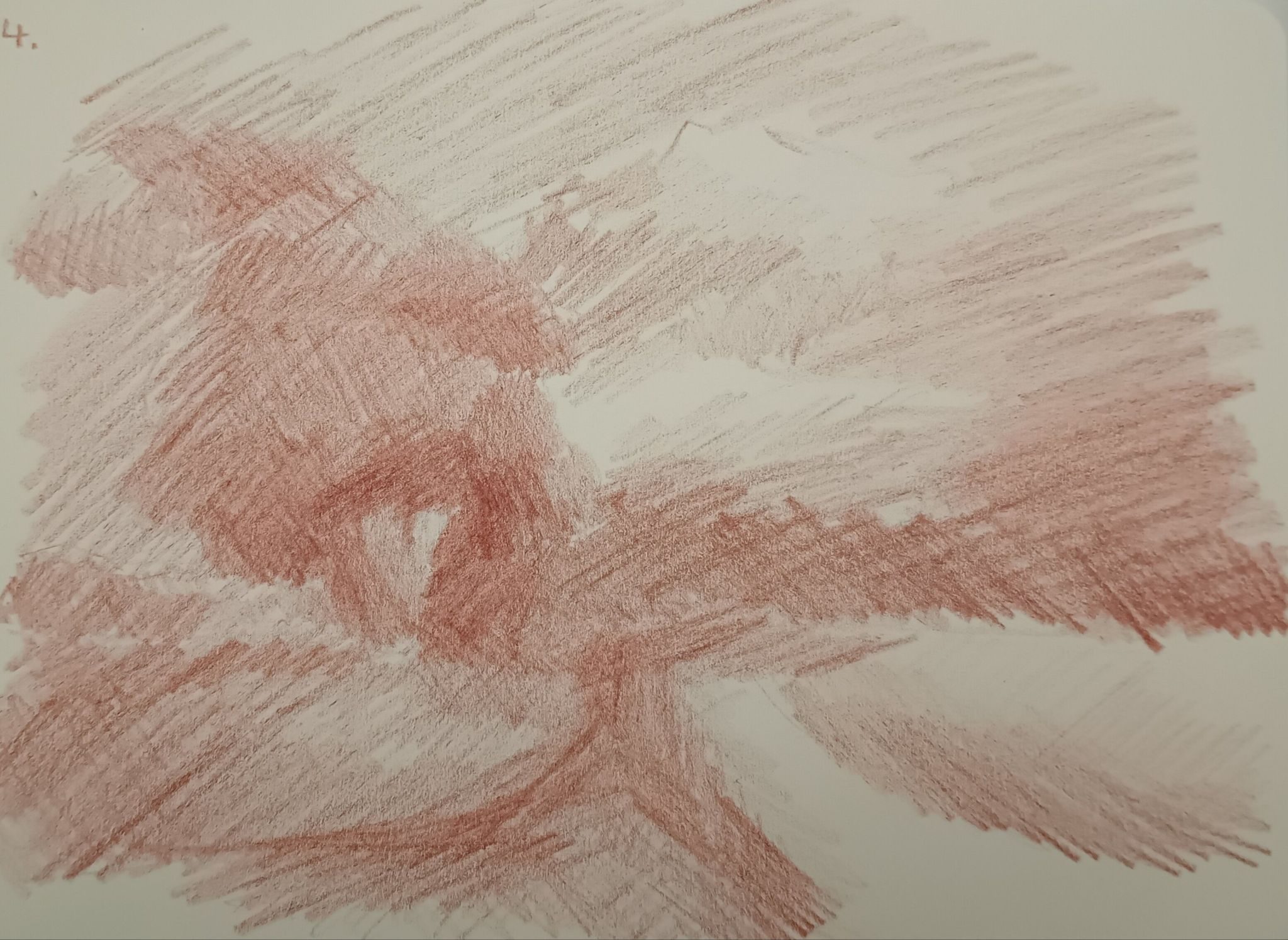 chalk drawing of a landscape, tree and grass behind which the storm is coming. dark sky and glumy clouds. red chalk on paper