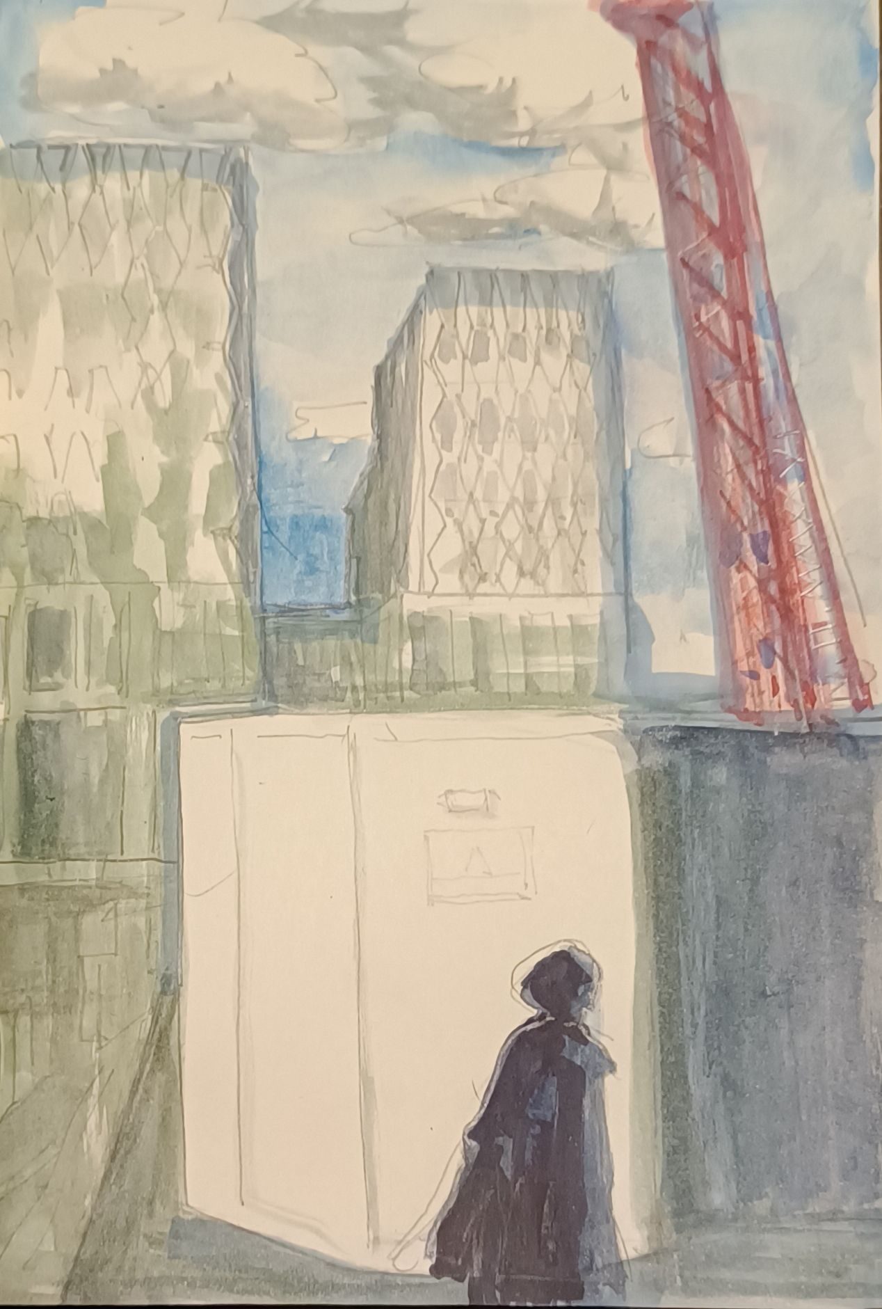Watercolour drawing on cream paper of construction work in London