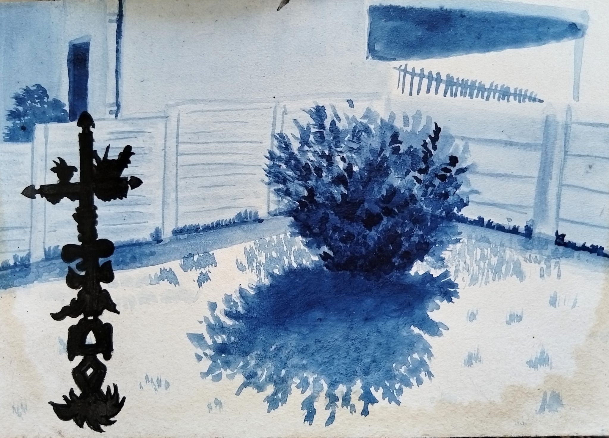 Ink drawing of a sunny back yard with a sunlit hibiscus bush in the centre. To the left is a black ink rendition of a structure resembling a roadside memorial