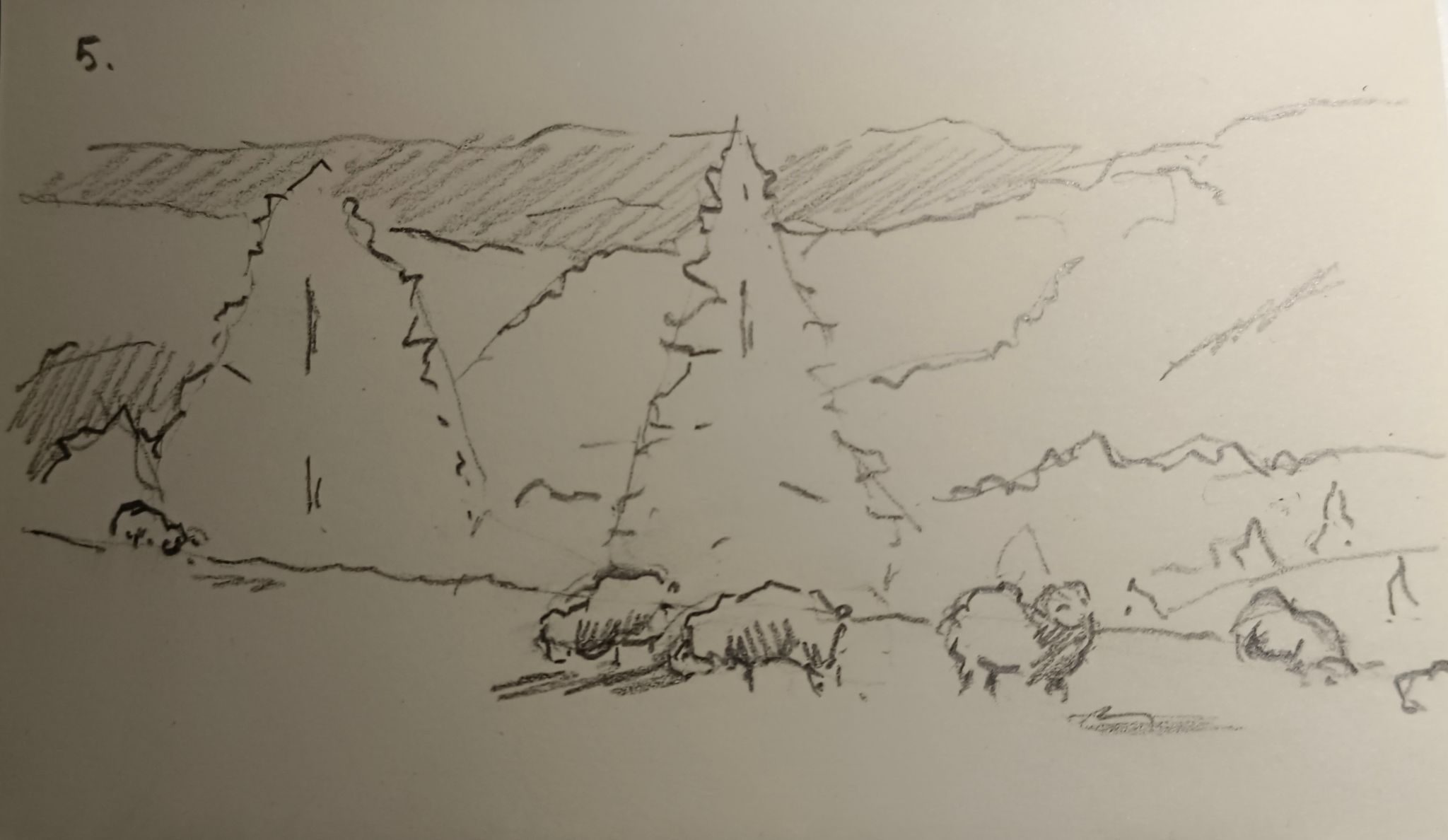 drawing of a couple of sheep on a meadow. behind them are trees, meadows and mountains. pencil on paper