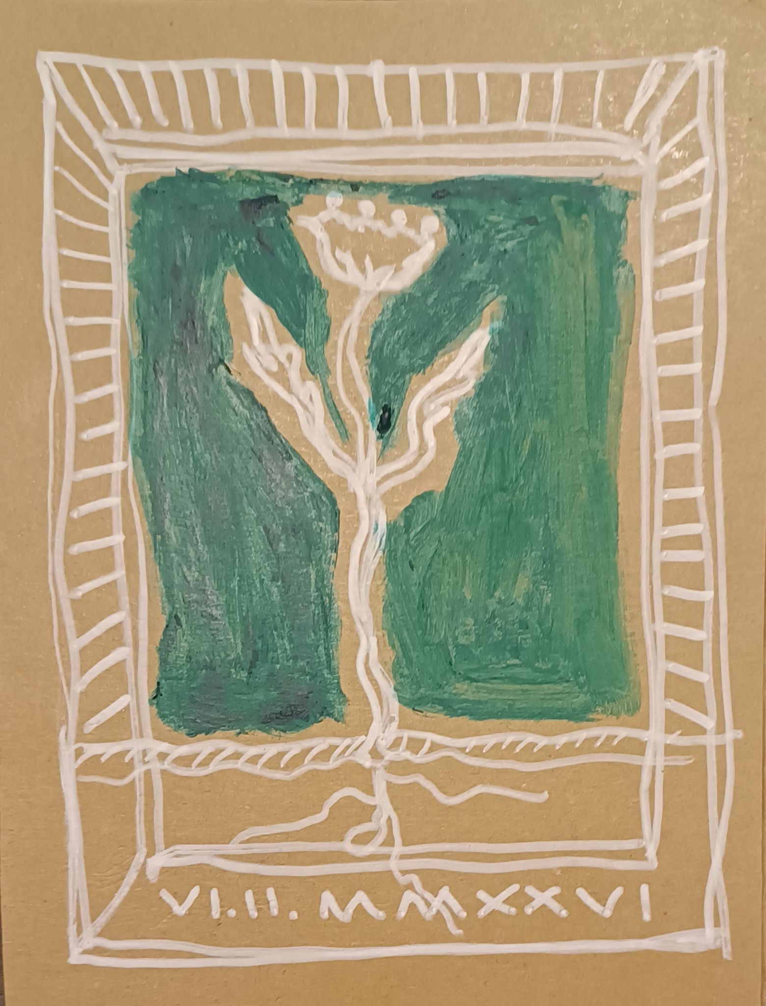 White pen on brown card drawing of a flower in a frame