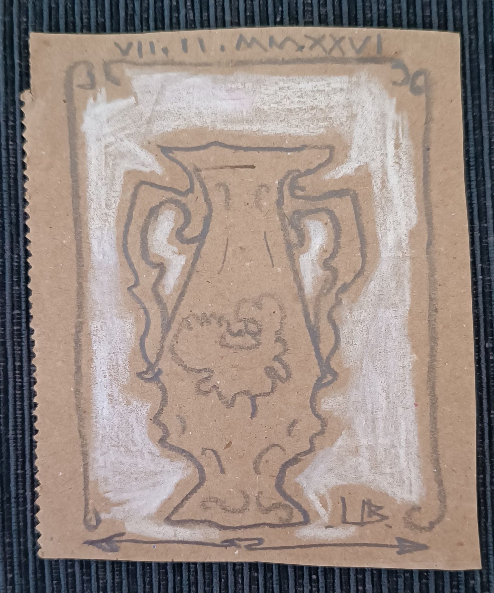 Graphite & white pencil drawing on brown paper of a vase within a frame. 9 x 10.5cm