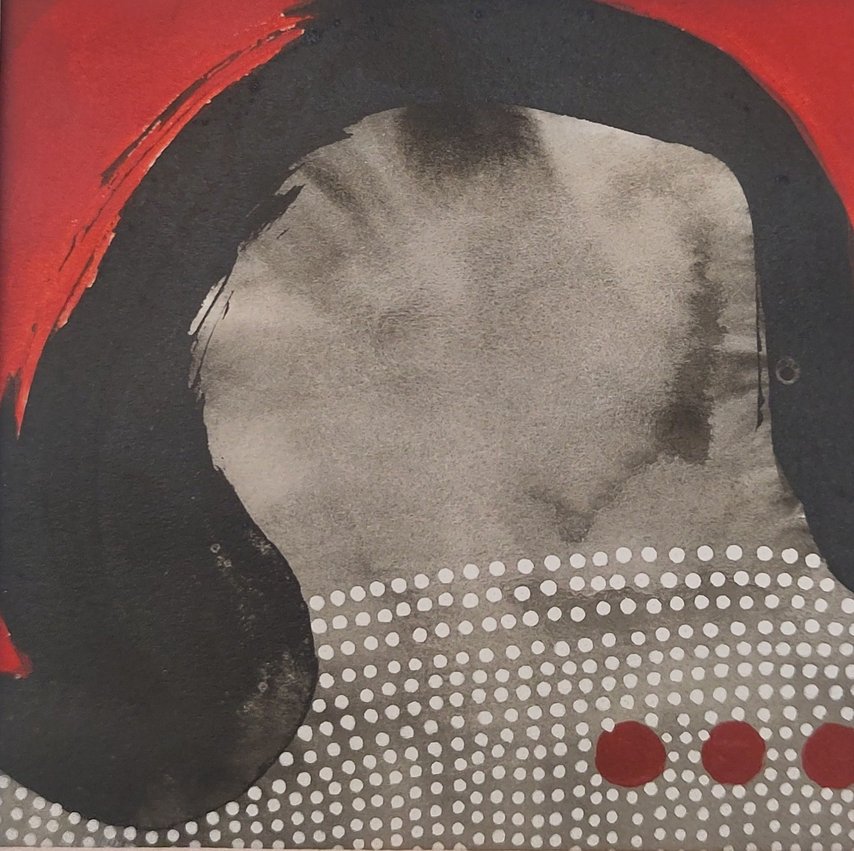 Abstract composition of ink wash and red acrylic paint.