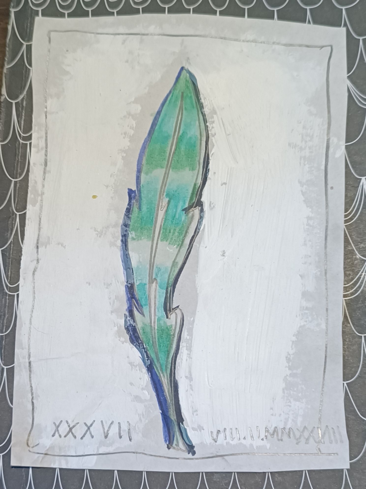 Graphite, watercolour pencil, felt tip and white acrylic drawing of a leaf on off-white paper