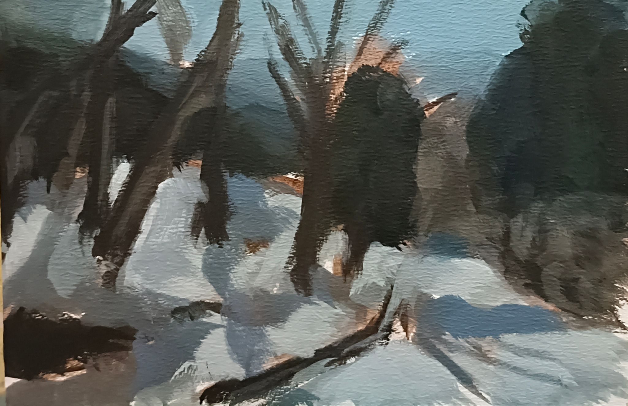 Painting of forest with a path covered in snow. a couple of trees on left and the forest behind. oil on canvas