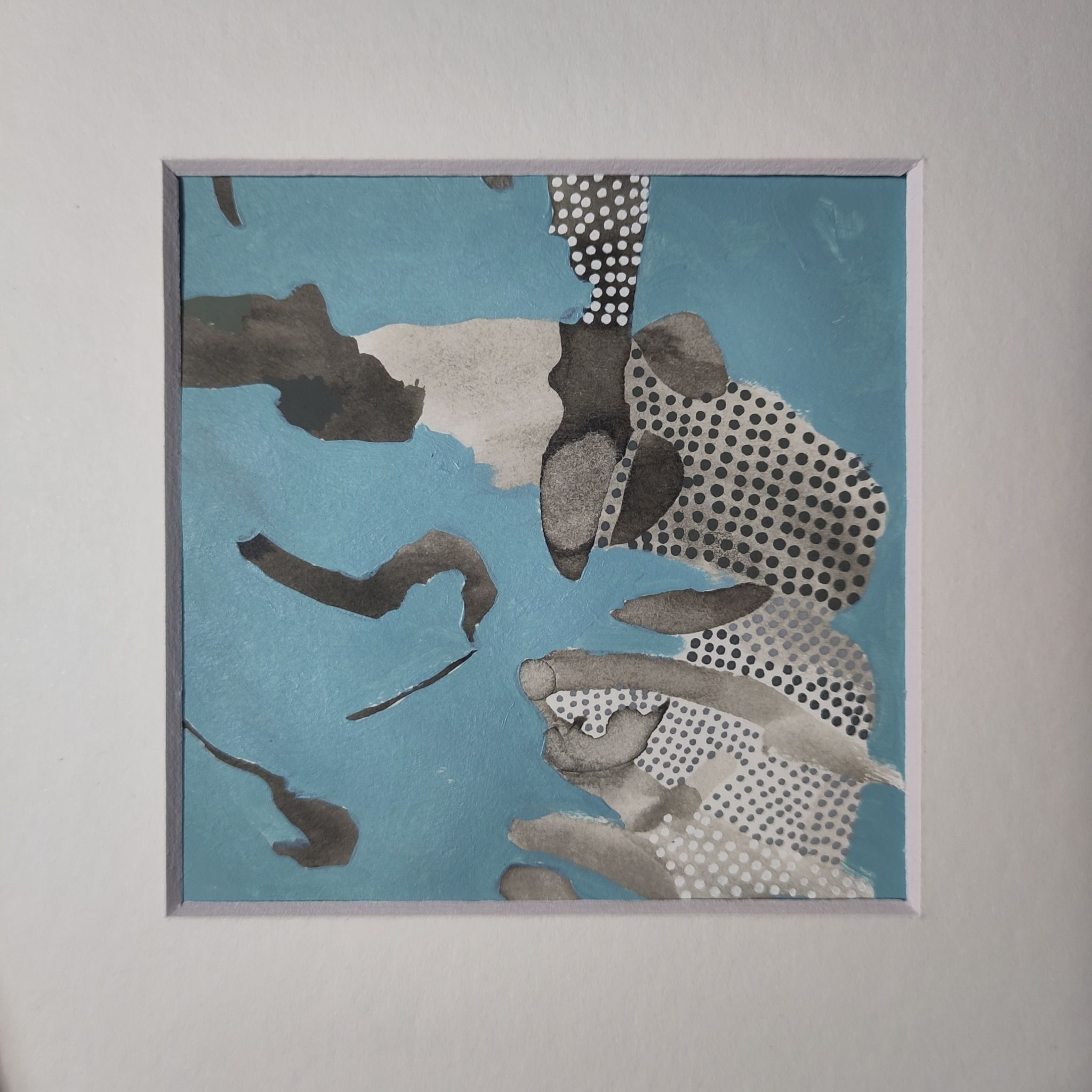 Mixed media composition of ink washes, acrylic pen dots and turquoise background