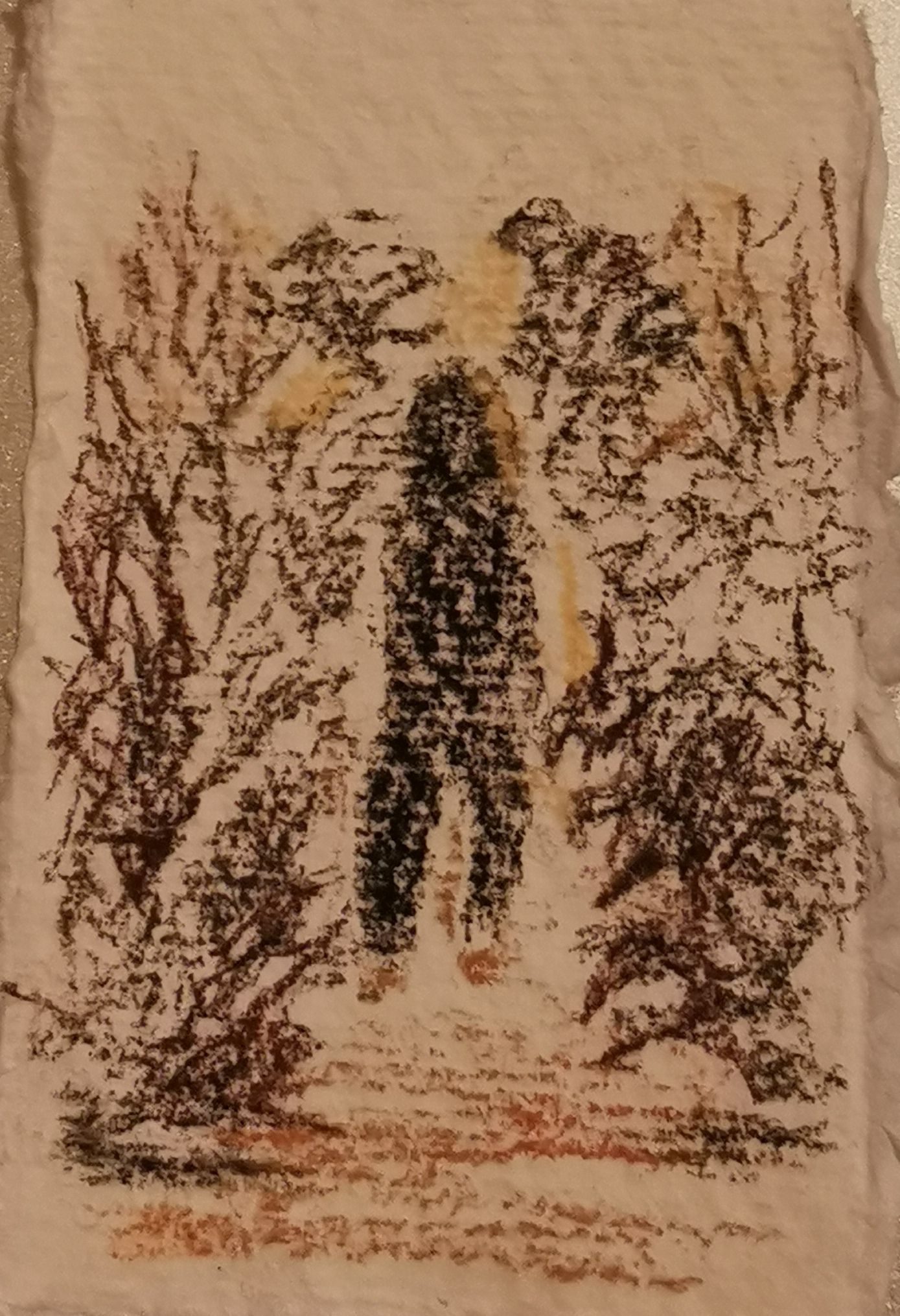 Pastel sketch of a figure disappearing into a cornfield, with the light falling onto the top of trees and corn stems.