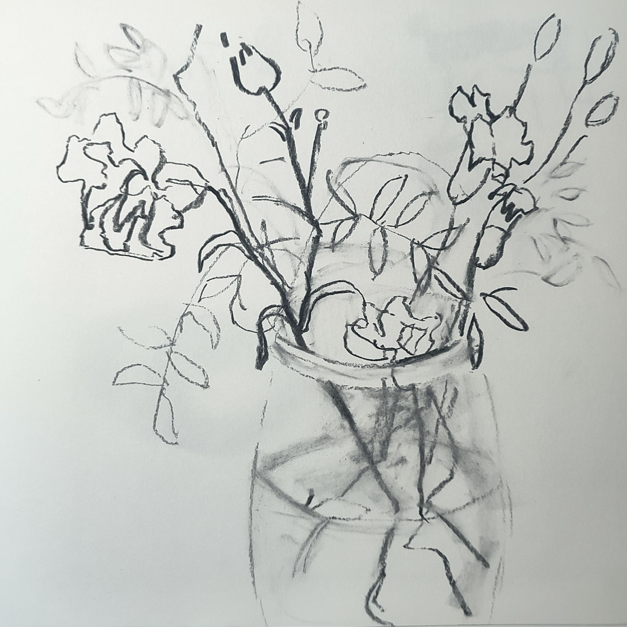 Loose charcoal drawing of flowers in a glass jar