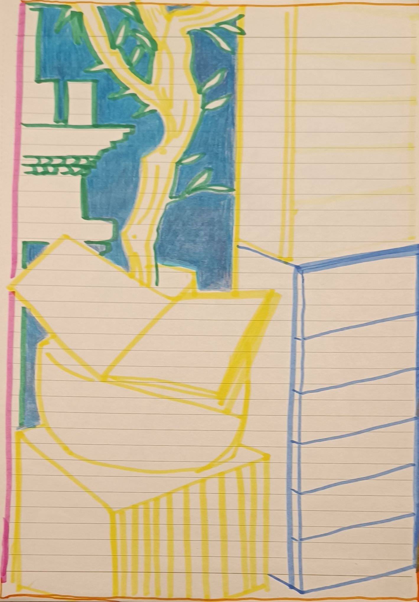 Coloured felt tip pen drawing (in blue, yellow, green and pink) on white lined paper of furniture and plant in front of a fireplace