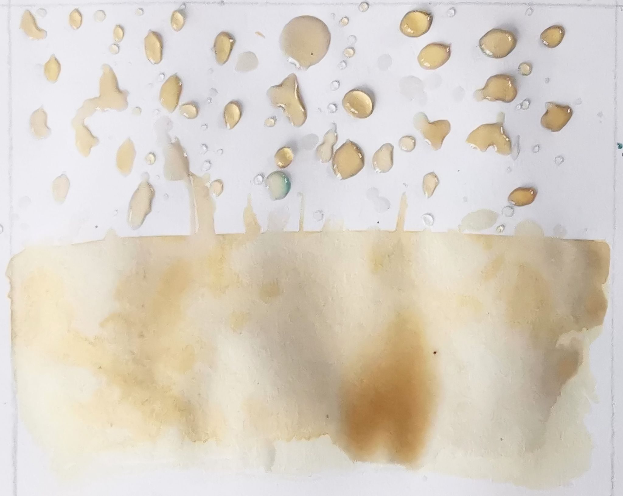 Ink drawing on paper with a solid area of colour below and wet dots above like rain drops on a window