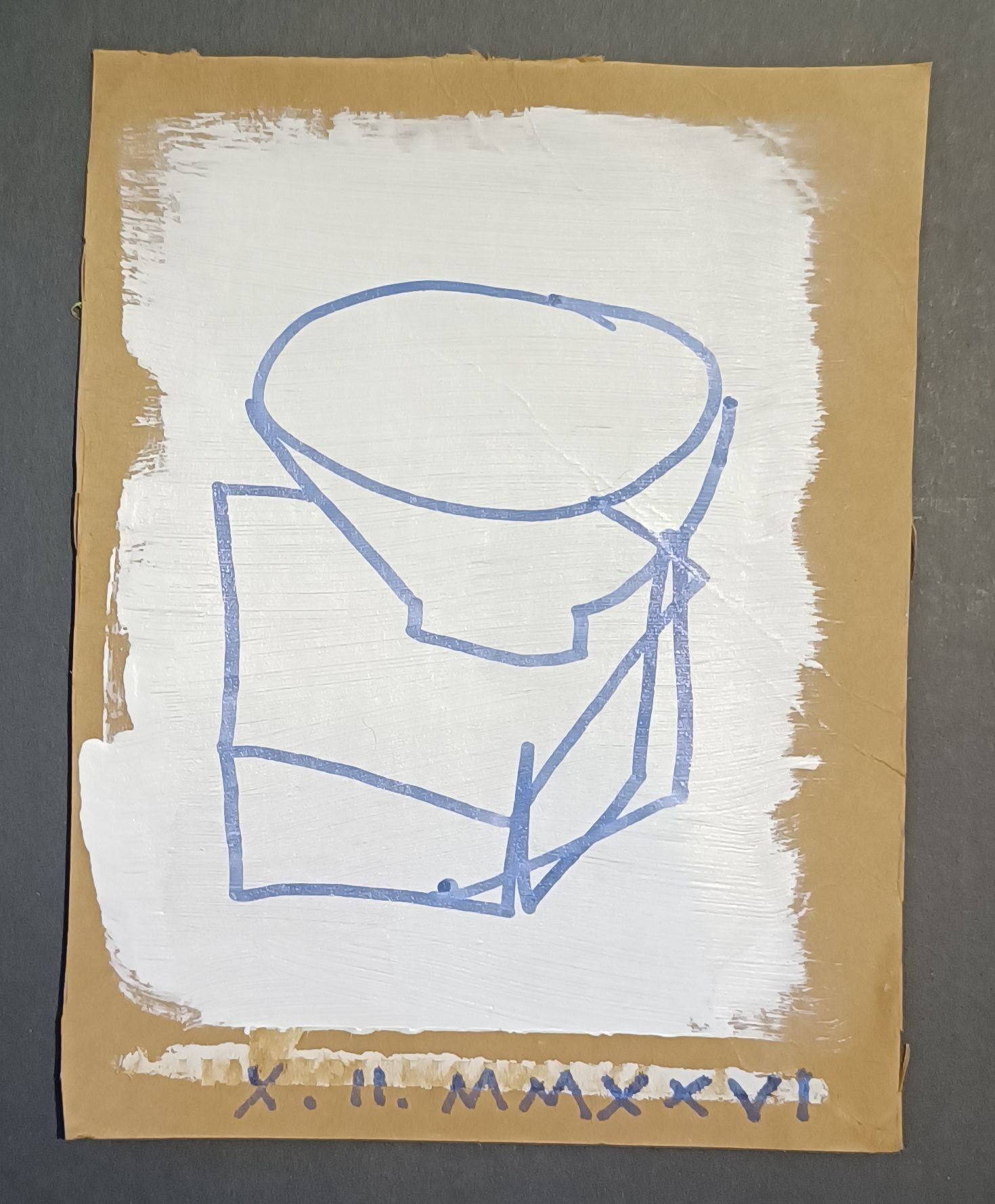 Blue felt tip drawing on white painted brown card of a bowl on a box (unseen)