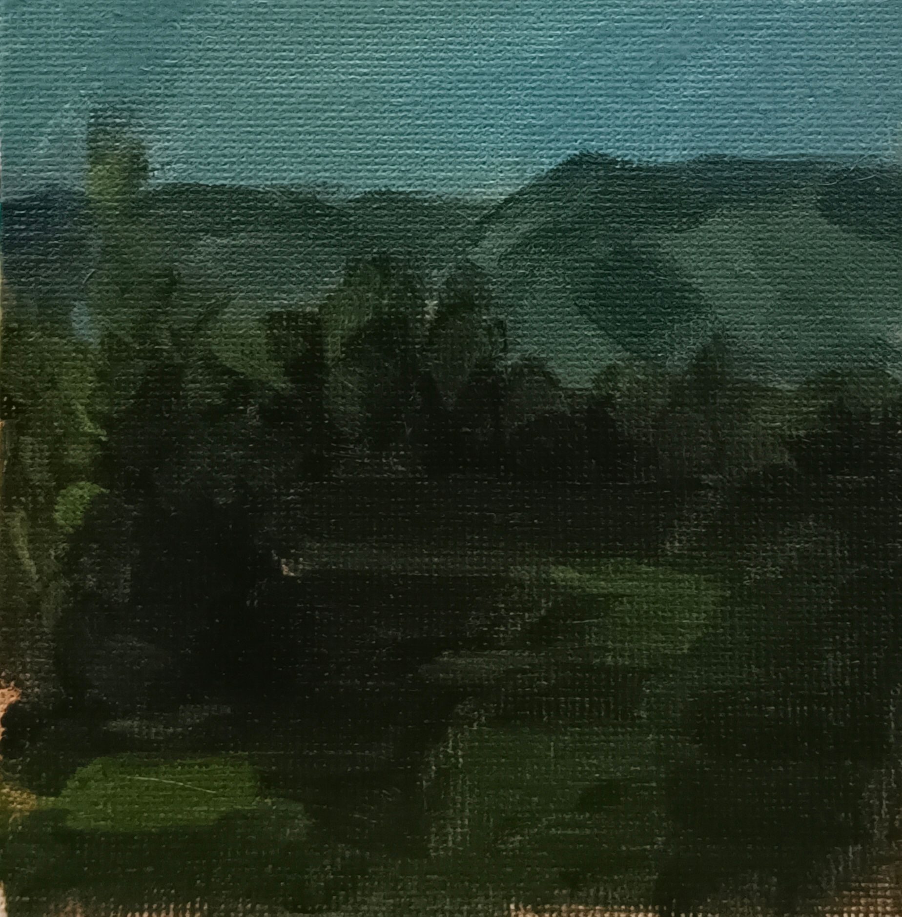 painting of a tree in the front behind which is a forest and mountains. oil on canvas board