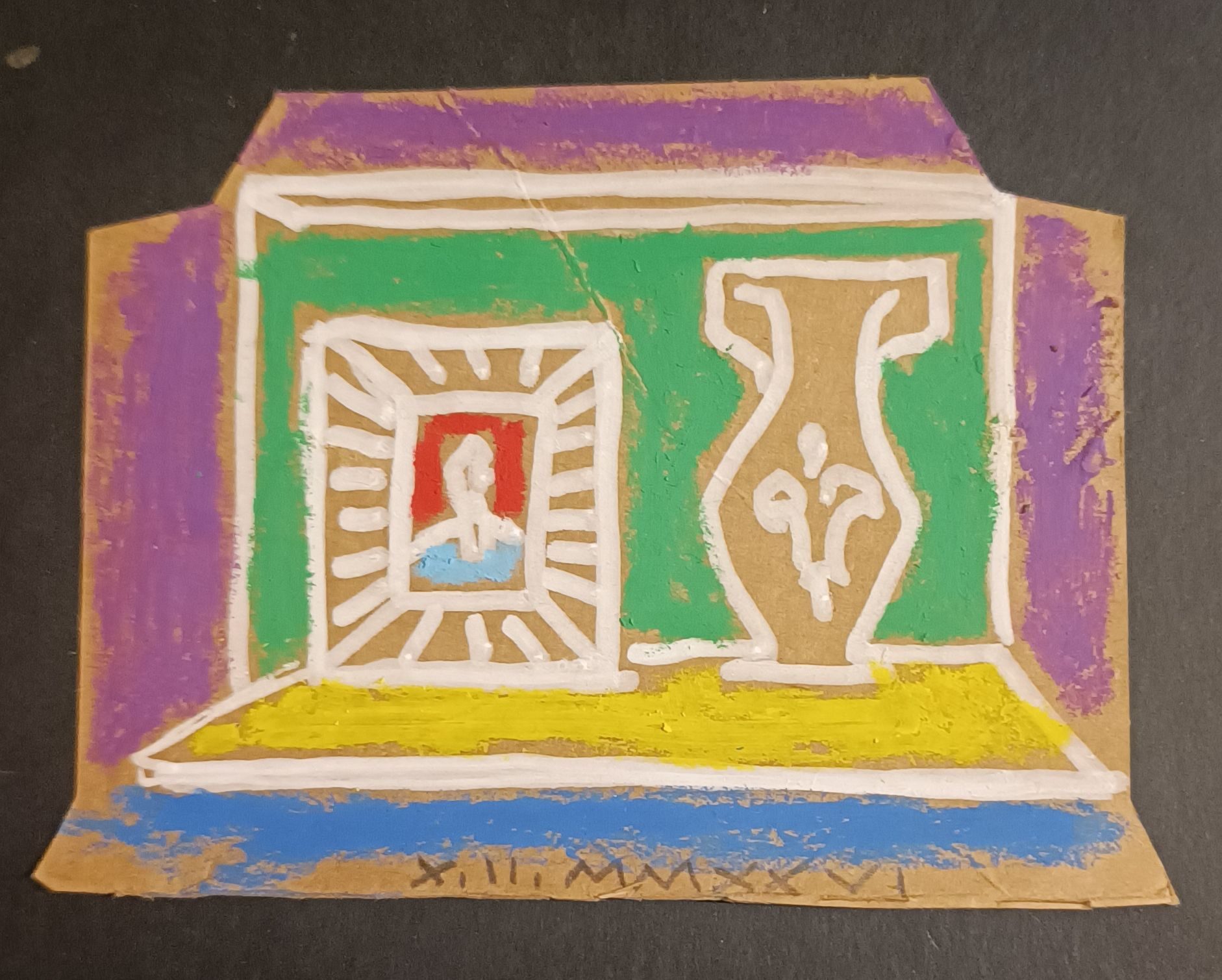 White pen and oil pastel drawing on brown card of a framed portrait and vase