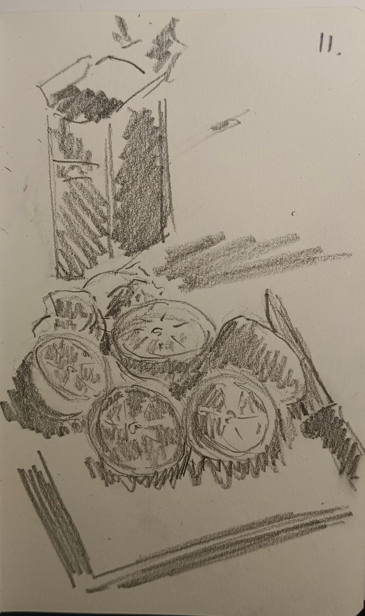 drawing of a few oranges cut in half and besides them is a knife . pencil on paper