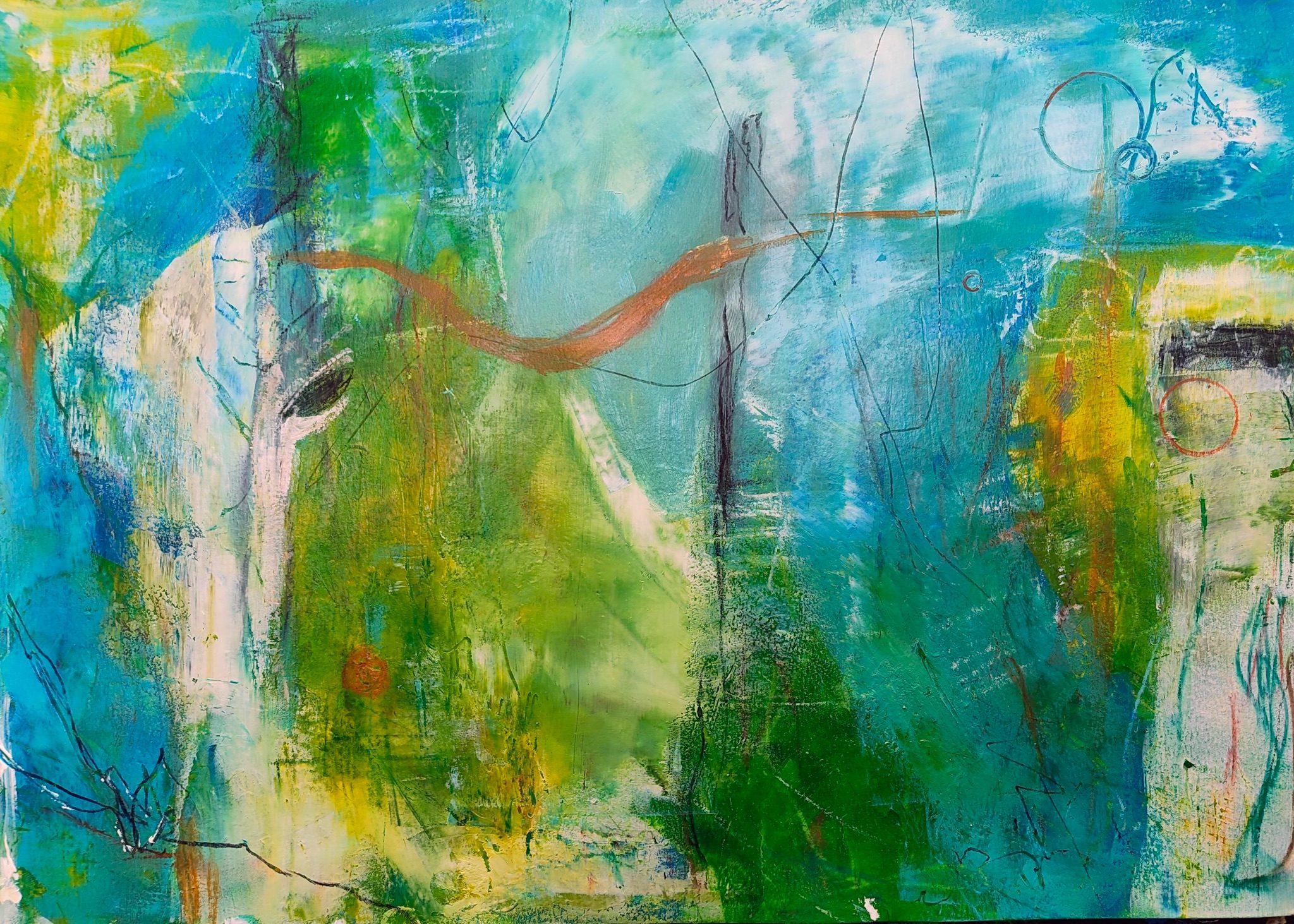 Brightly coloured mixed media painting.