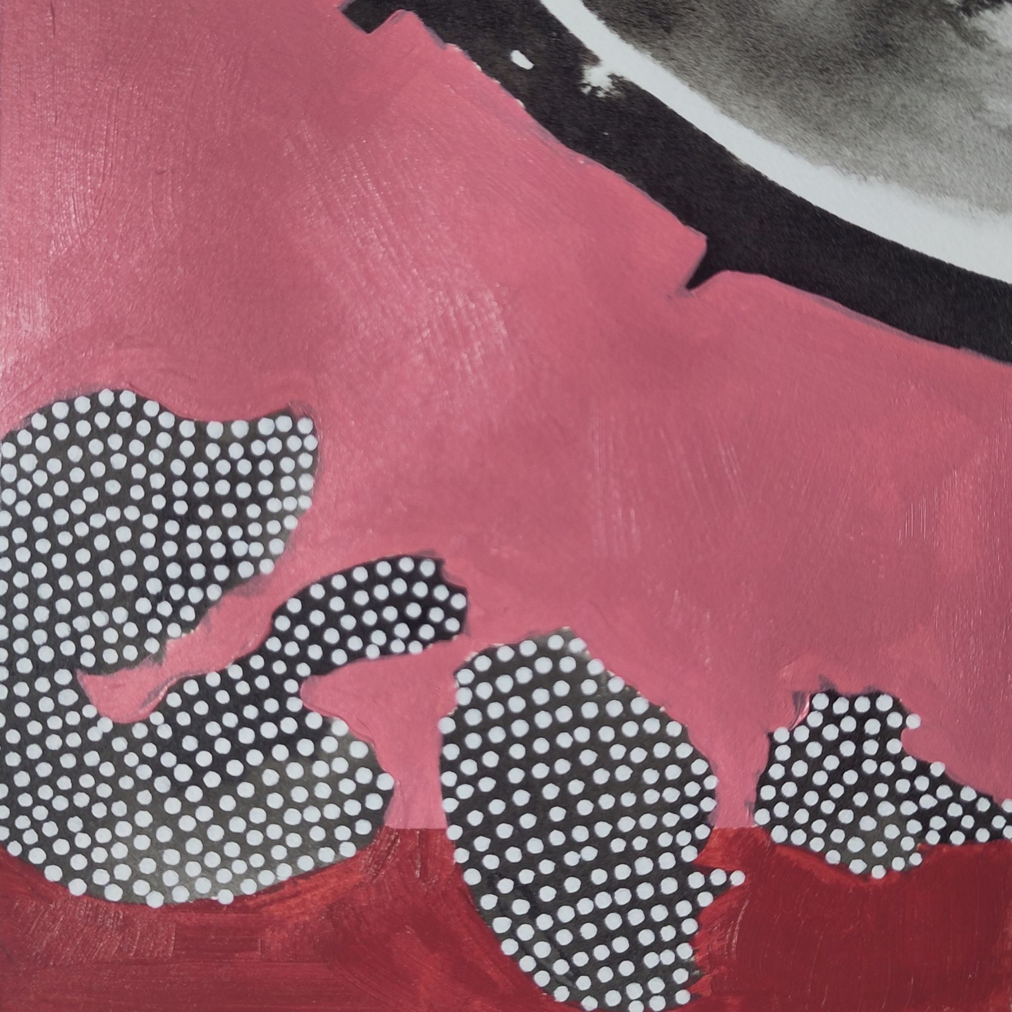 Abstract composition of ink washes and acrylic background in pink and red.